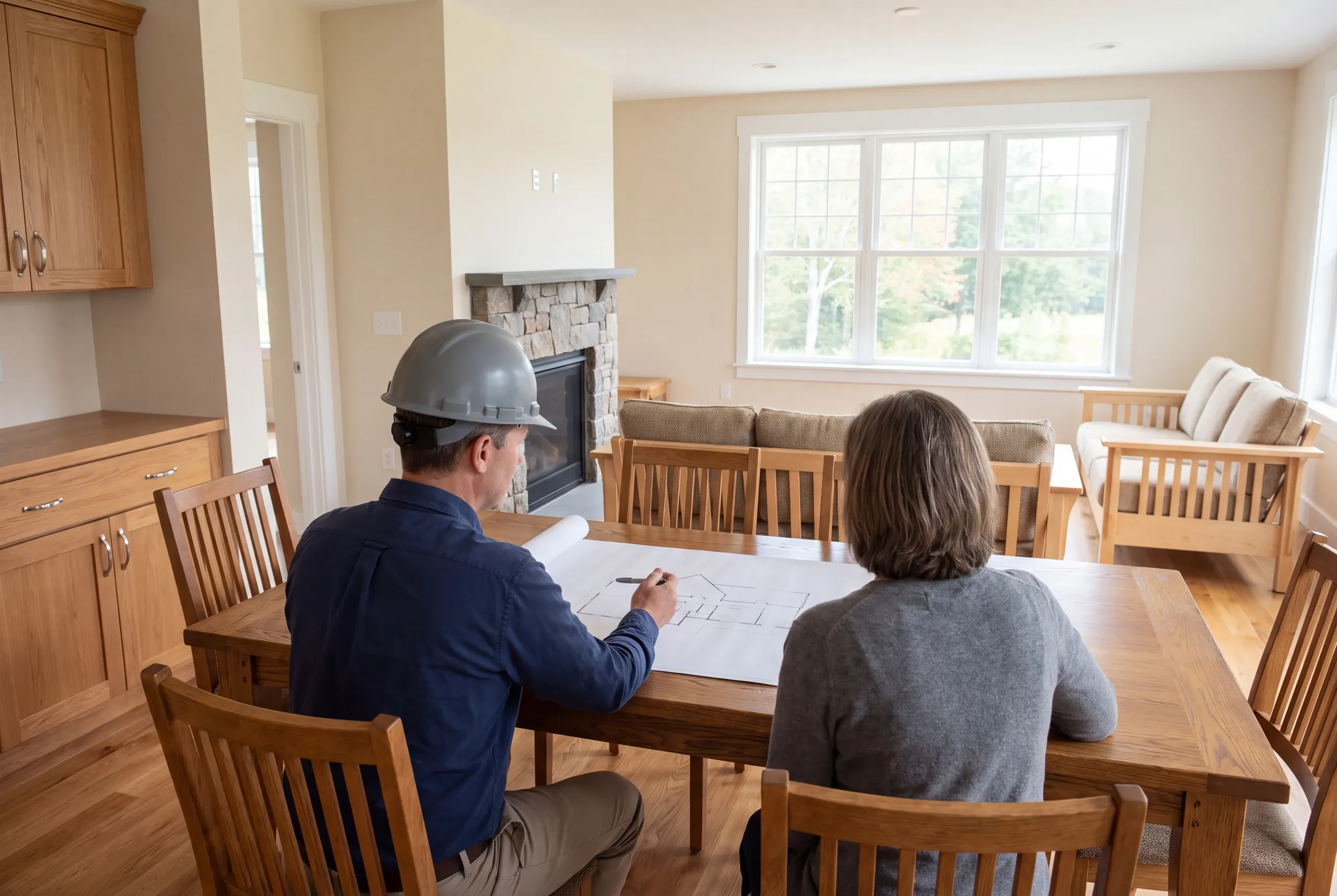 A builder wearing a hard hat and a homeowner are seen from behind, seated at a wooden table and reviewing a house plan.