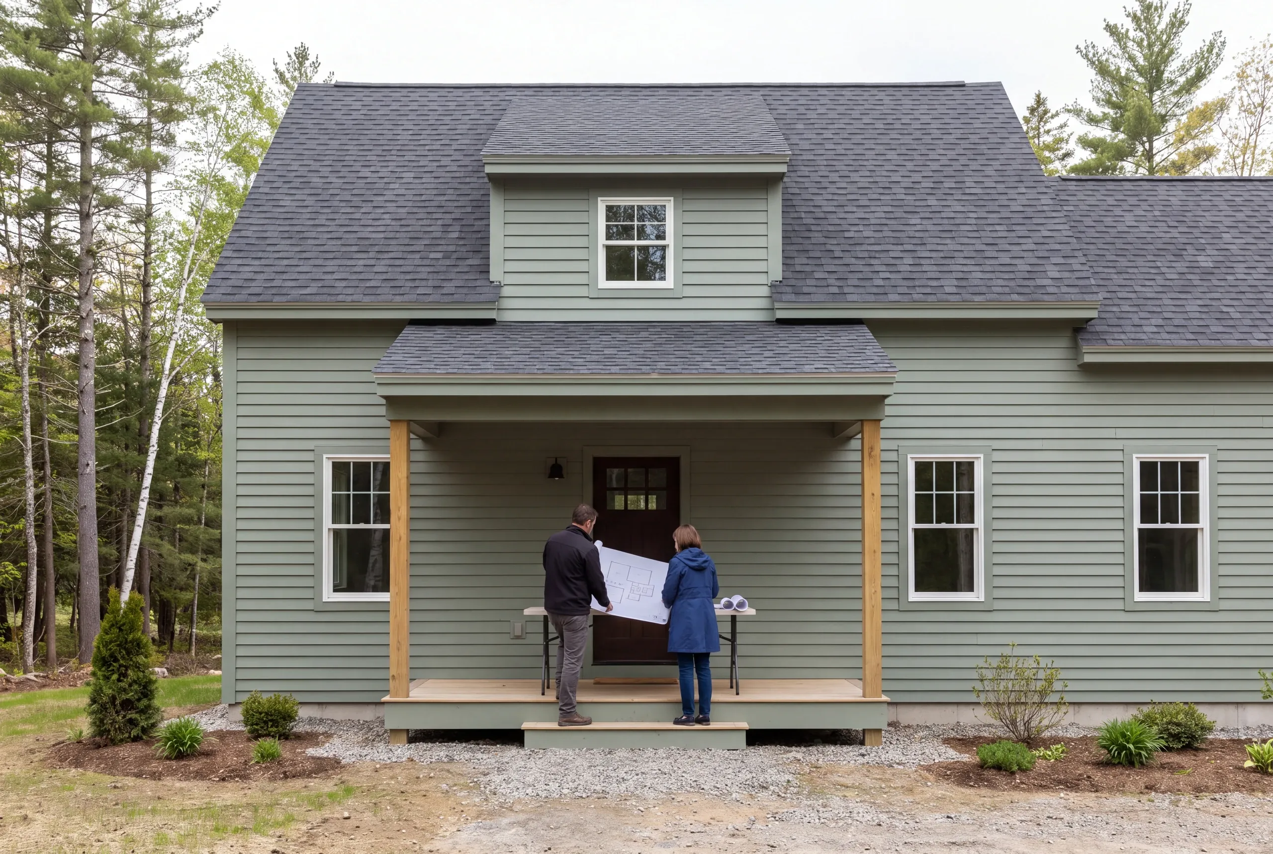 Two people viewed from behind stand on a covered porch of a green house reviewing architectural plans.