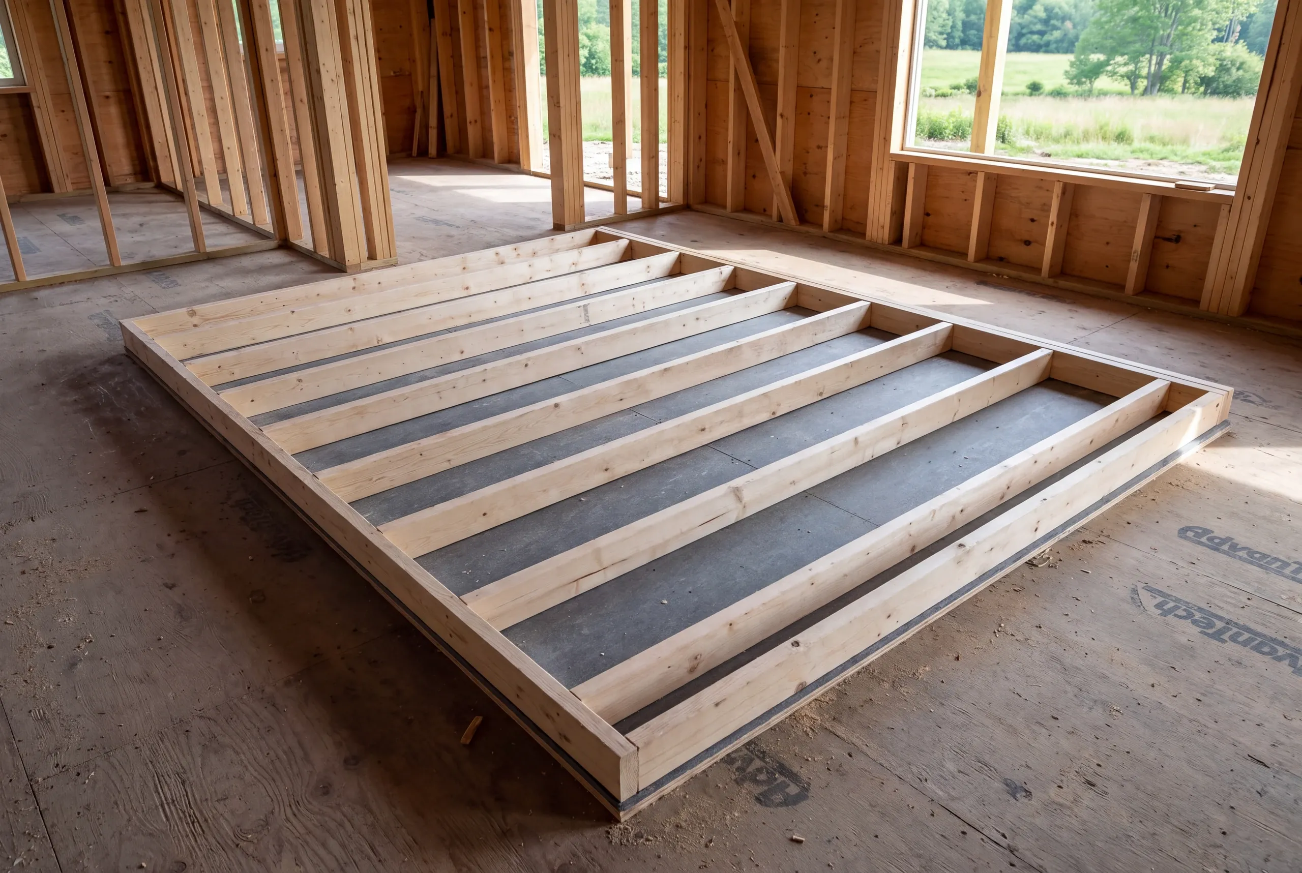 A wooden interior wall frame lies flat on a subfloor inside a room under construction with exposed wooden studs.