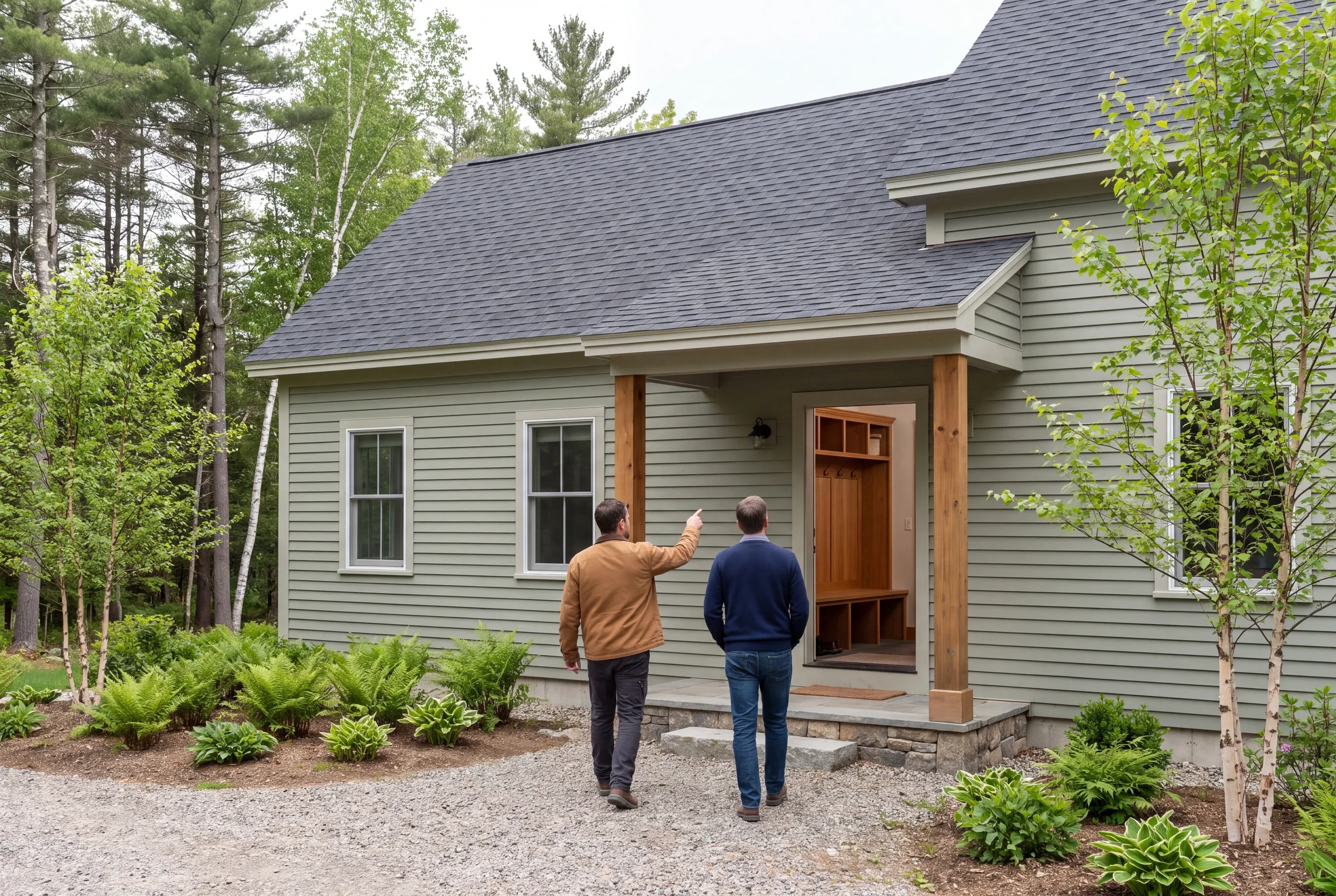 Two men stand outside a green-sided home facing the open front door that reveals a built-in wooden mudroom entryway.