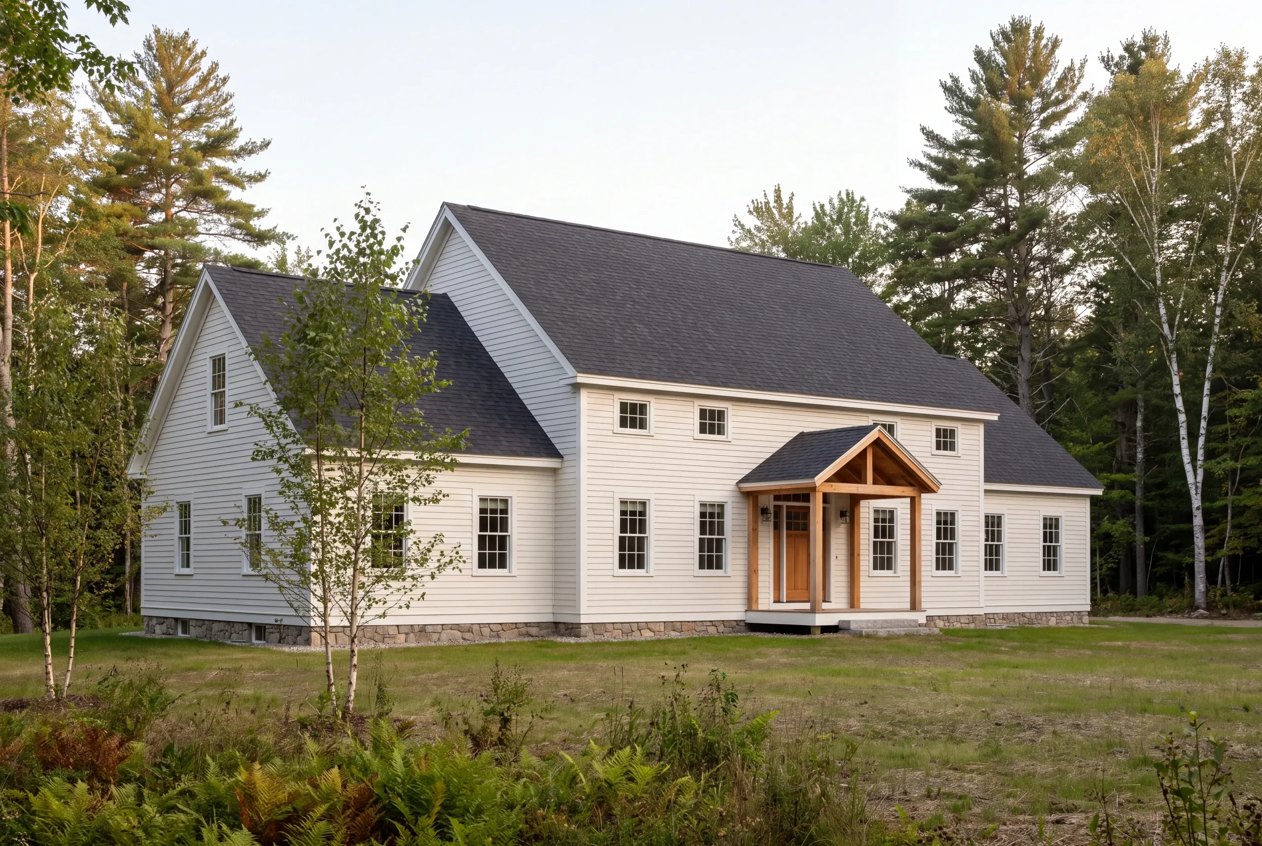 A two-story white house with a dark roof and a covered wooden front porch, surrounded by trees and a grassy lawn.