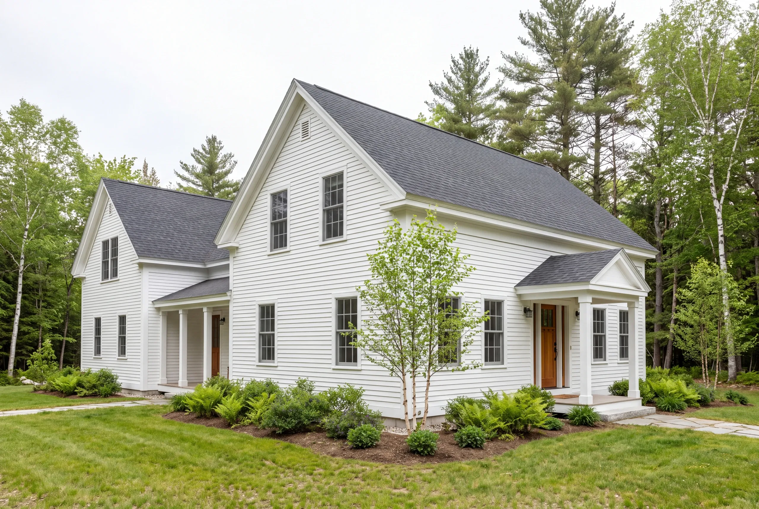 A two-story white house with dark shingled roofs and a covered entryway surrounded by green trees and lawn.