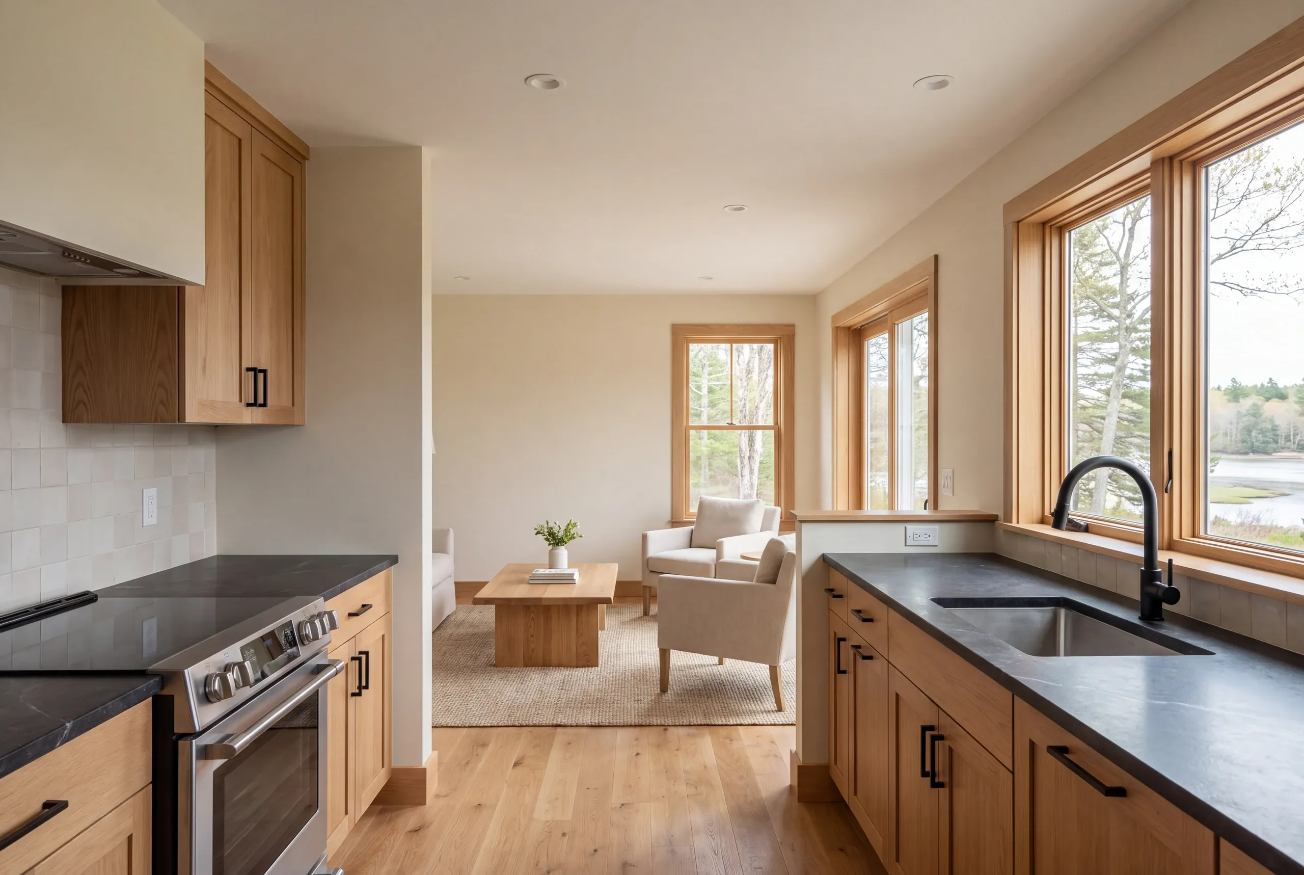 A newly remodeled kitchen with wooden cabinets and dark countertops opens into a finished living room with a coffee table and armchairs.