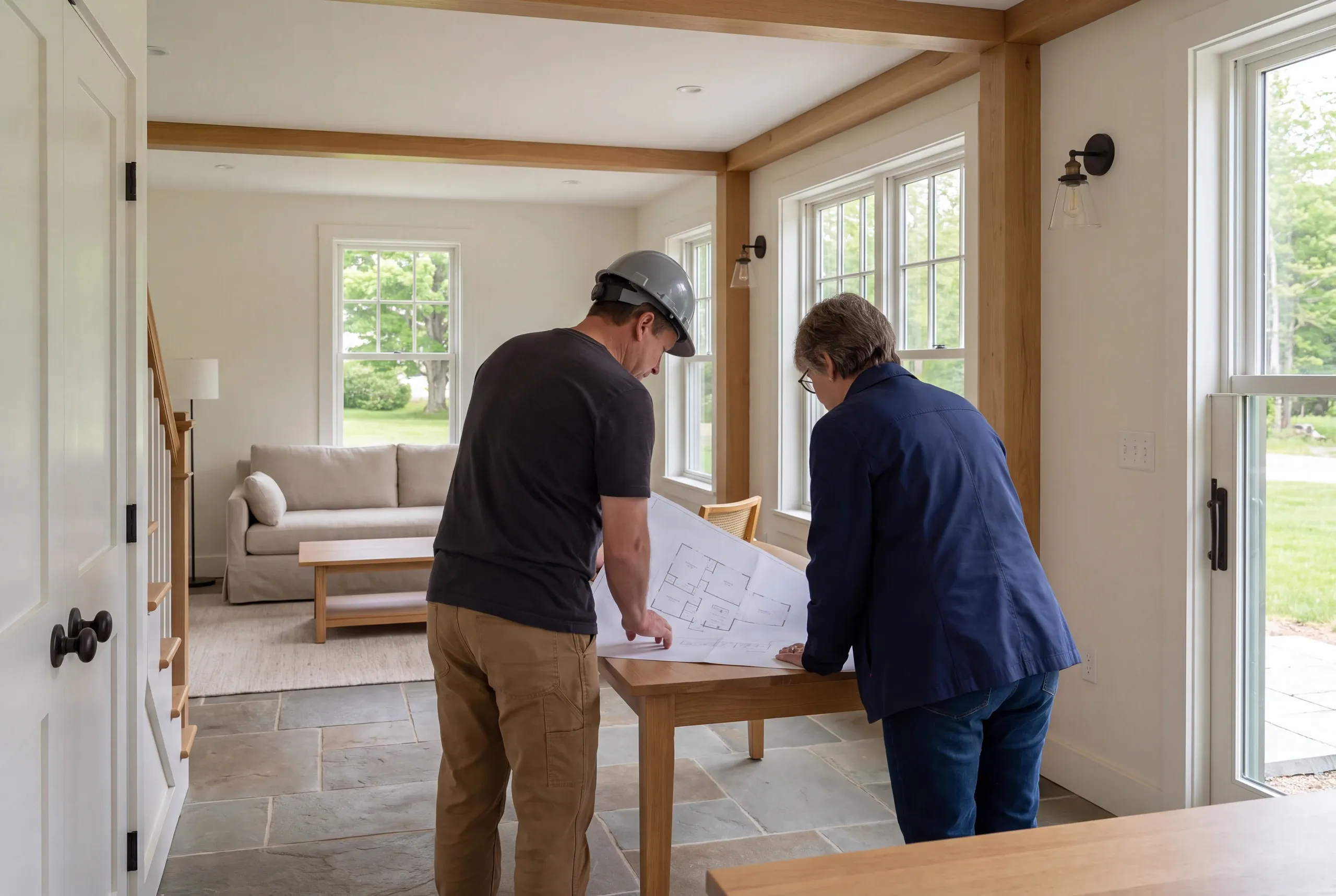 Two adults standing in a brightly lit interior space reviewing a floor plan laid out on a wooden table.