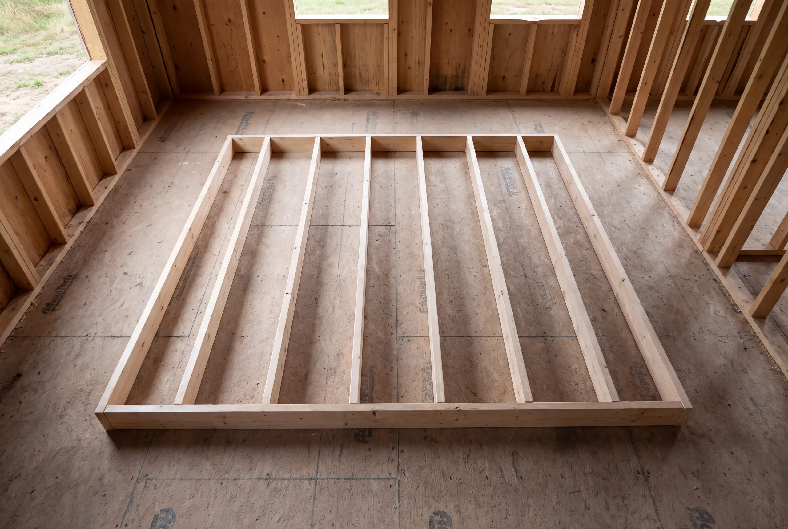 A wooden interior wall frame lies flat on a subfloor inside a room under construction.
