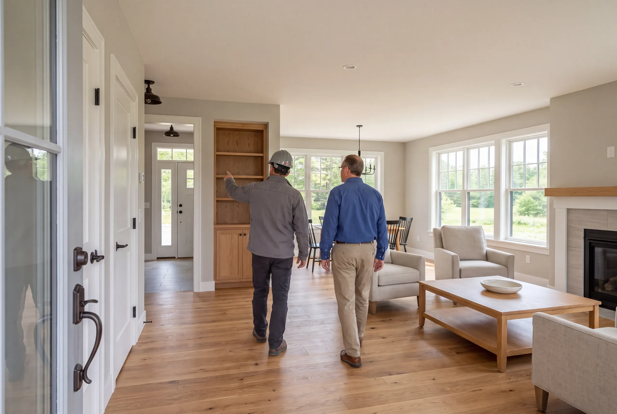 Two adults walk through a finished living room and dining area, with one person pointing toward a built-in bookshelf.