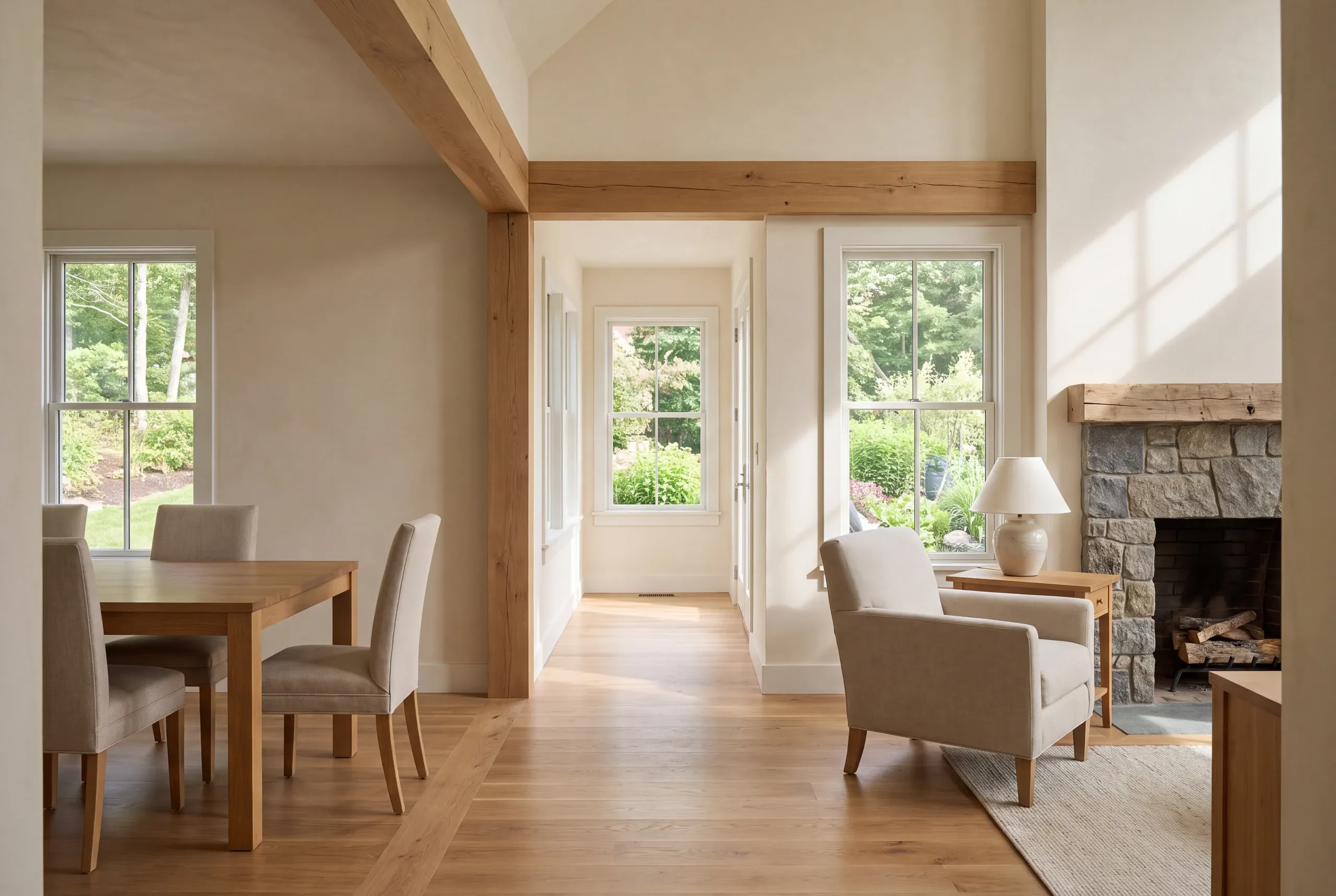 Interior view showing a finished dining area on the left with a wooden table and chairs, a hallway in the center, and a living area on the right with an armchair and stone fireplace.