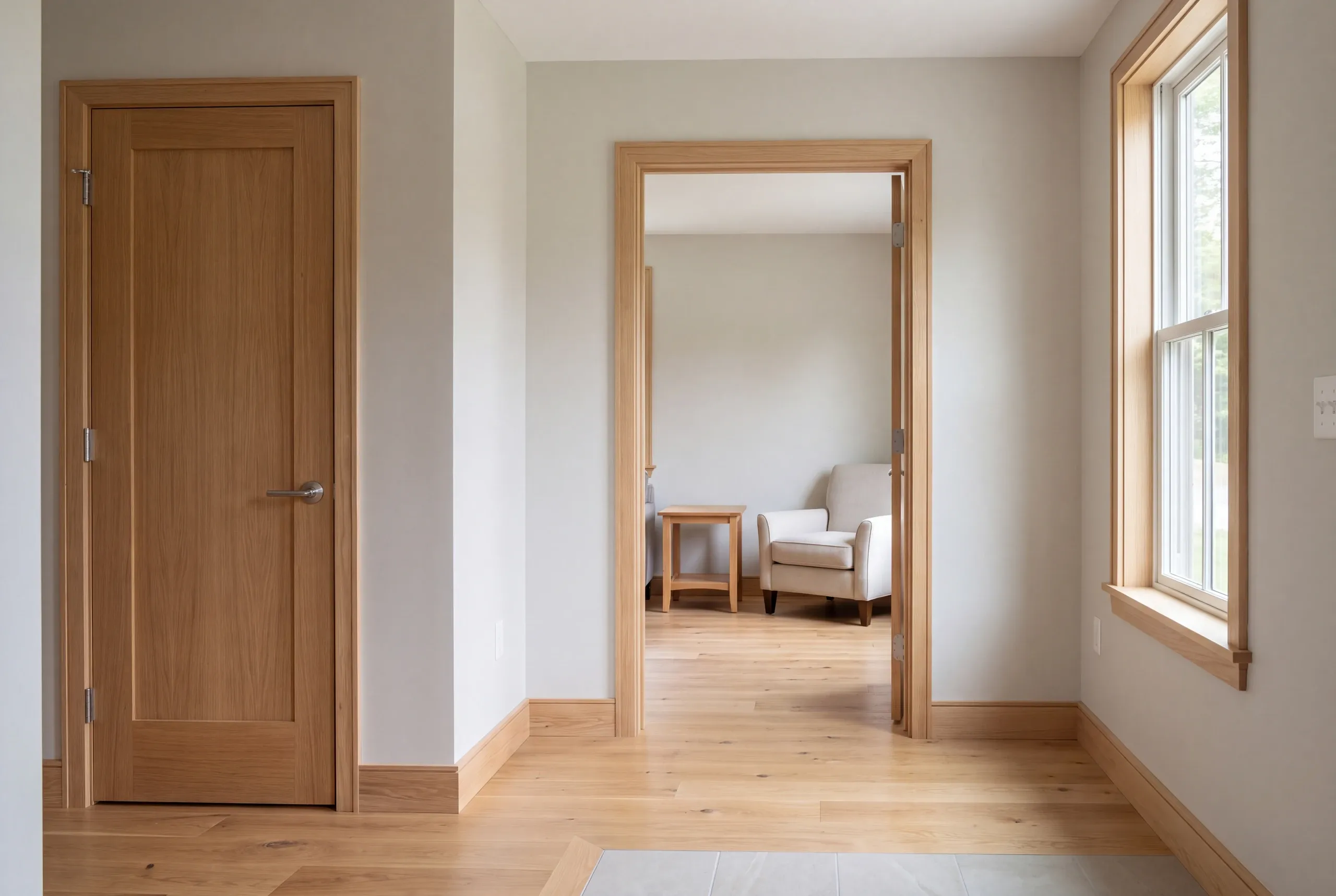 Interior view of a finished hallway with light wood trim, hardwood floors, a closed wooden door, and an open doorway leading to another room with an armchair.