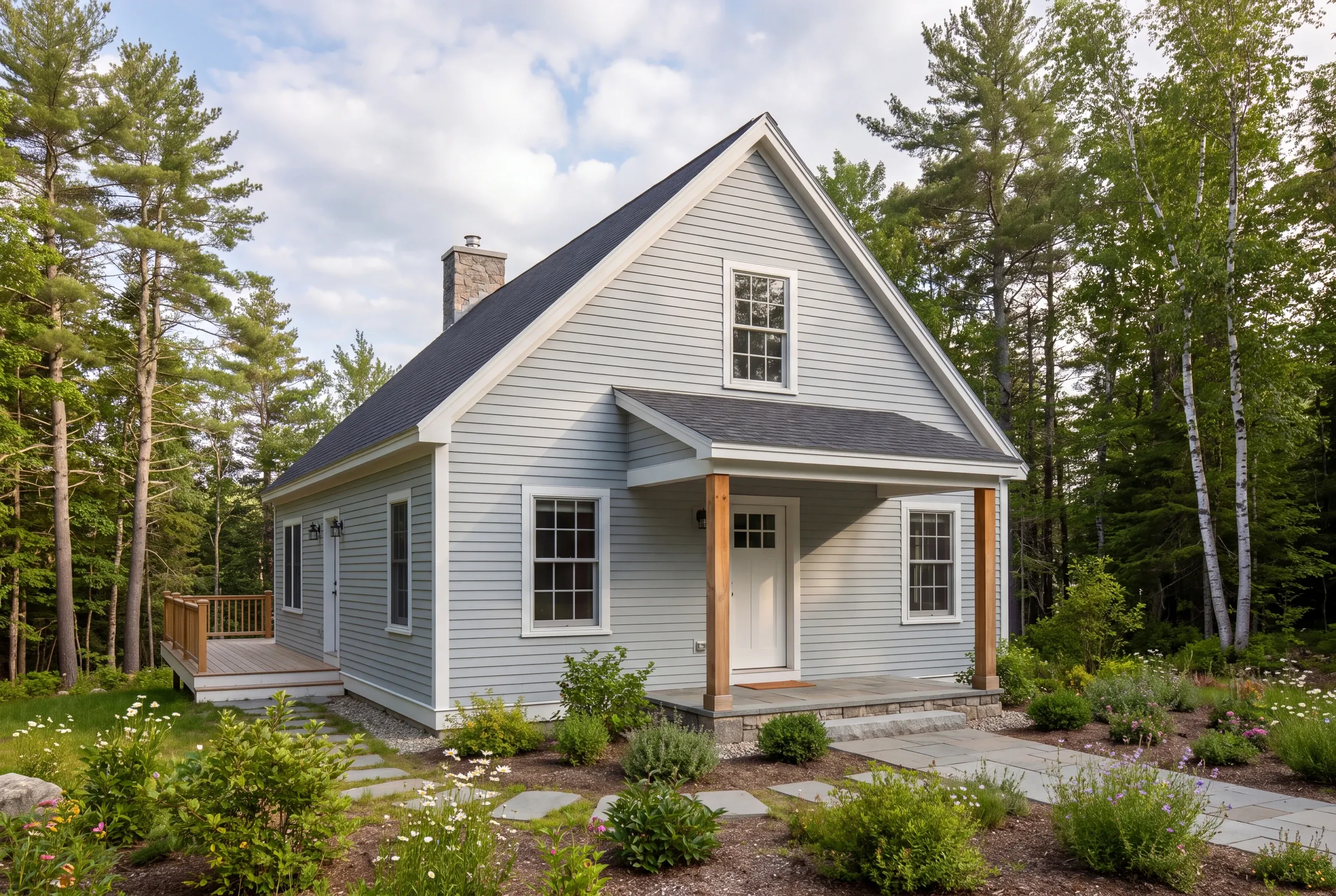 A newly completed light gray custom home with a covered front porch and side deck is surrounded by lush green trees and landscaping.