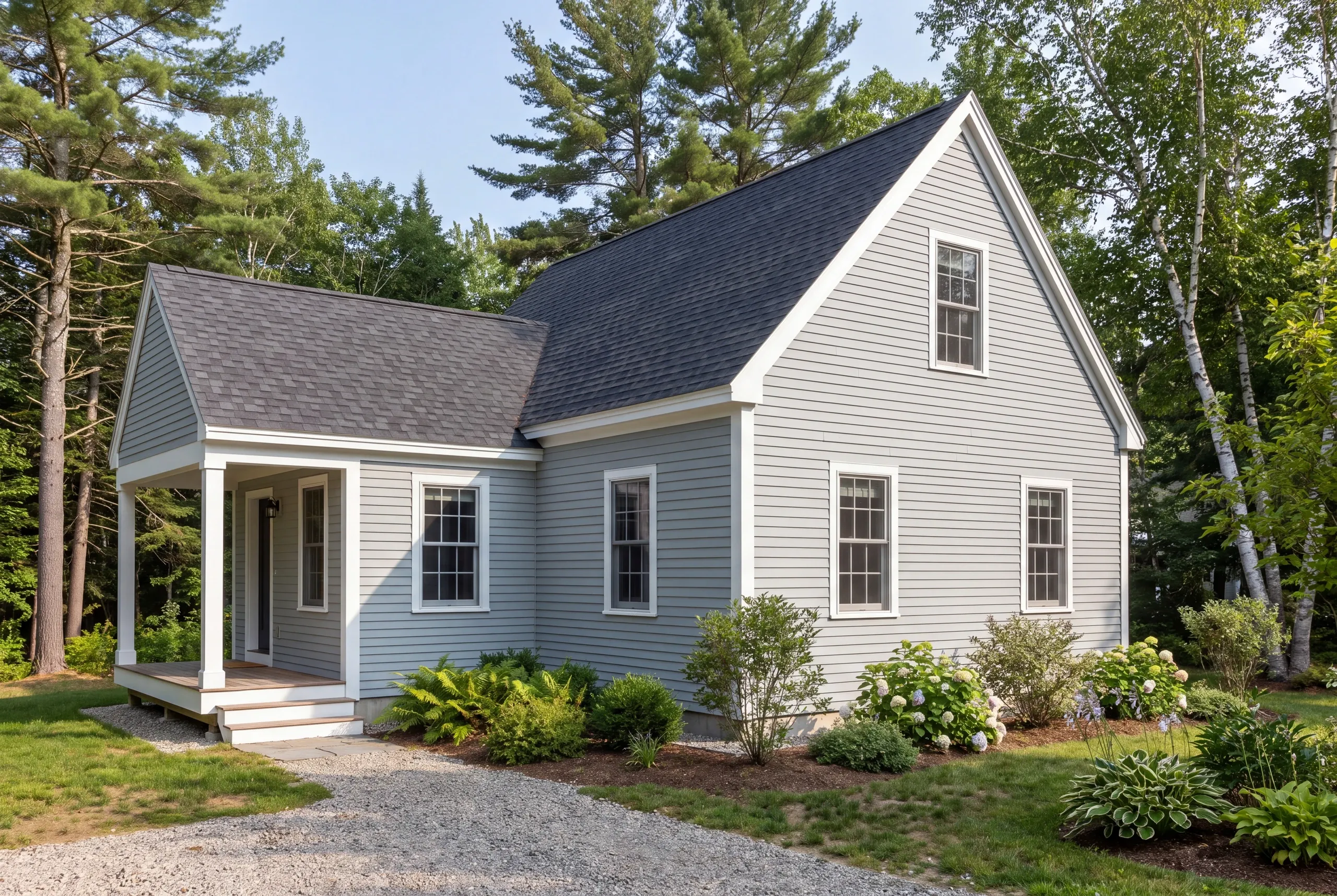 Exterior view of a gray two-story house with a small covered porch and surrounding trees.