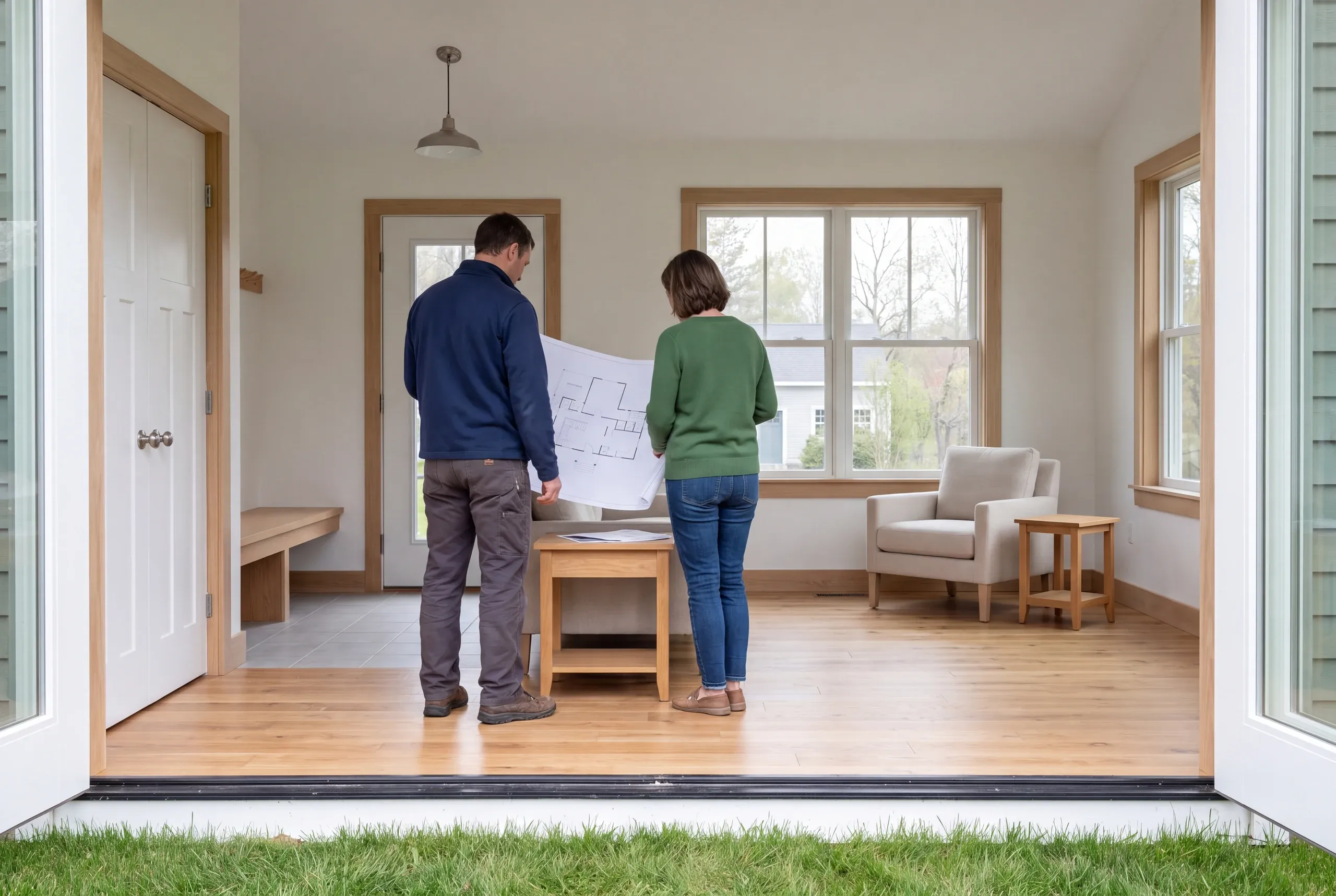 Two adults stand inside a bright room with hardwood floors and wooden trim, holding a large blue blueprint together while facing away from the camera.
