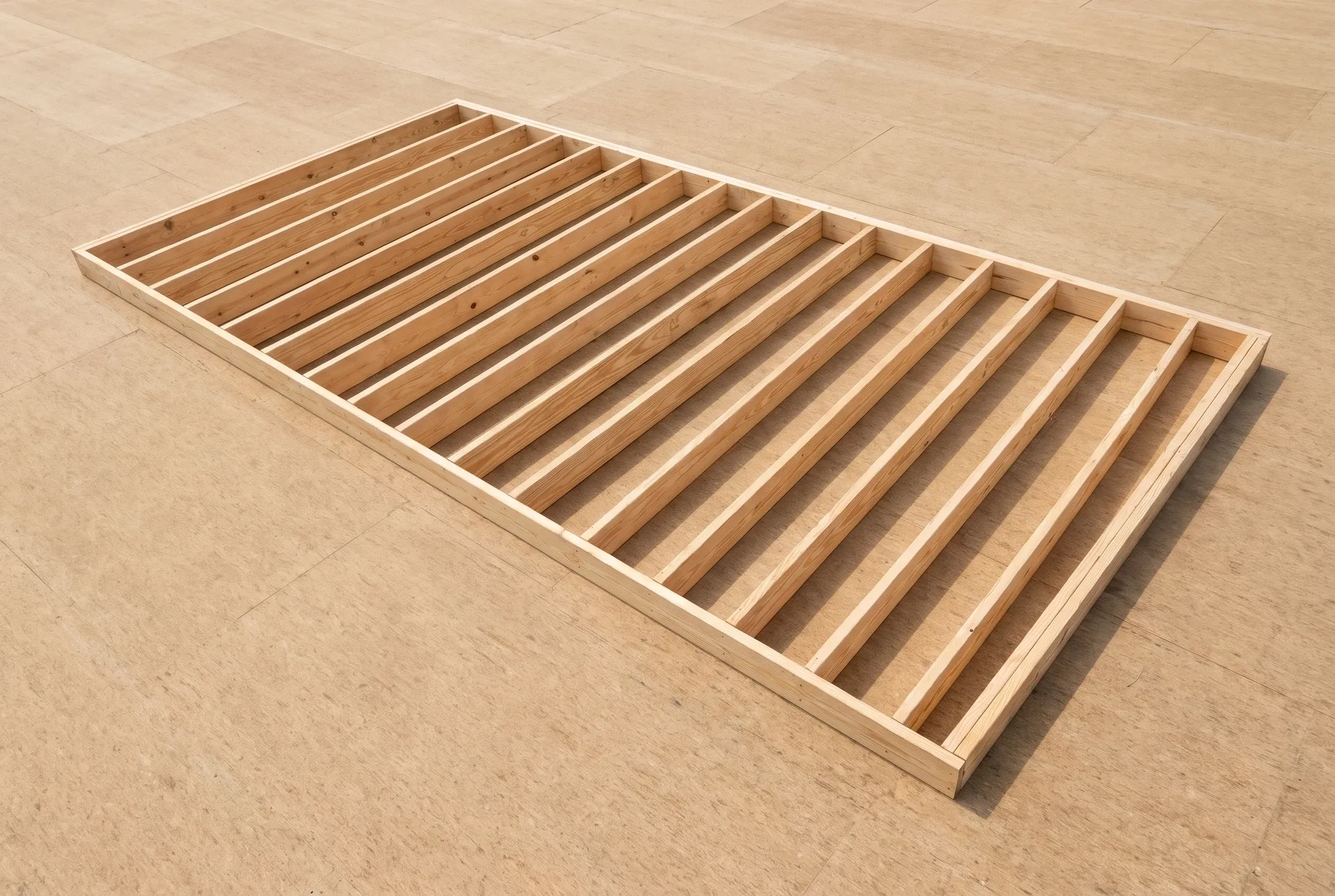 A wooden interior wall frame lies flat on a light brown subfloor.