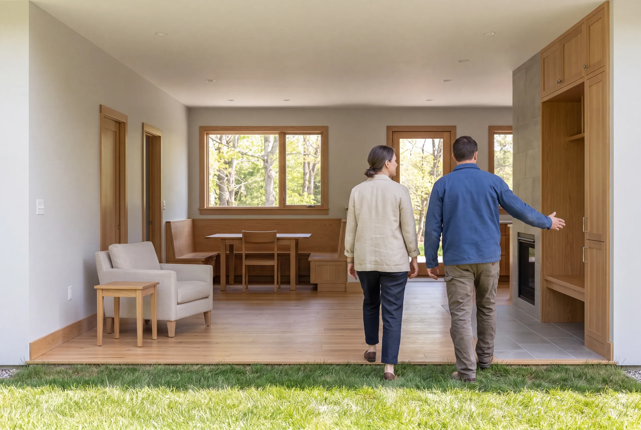 Two adults seen from behind walk from a grassy outdoor area into a finished living space with wooden built-ins and furniture.
