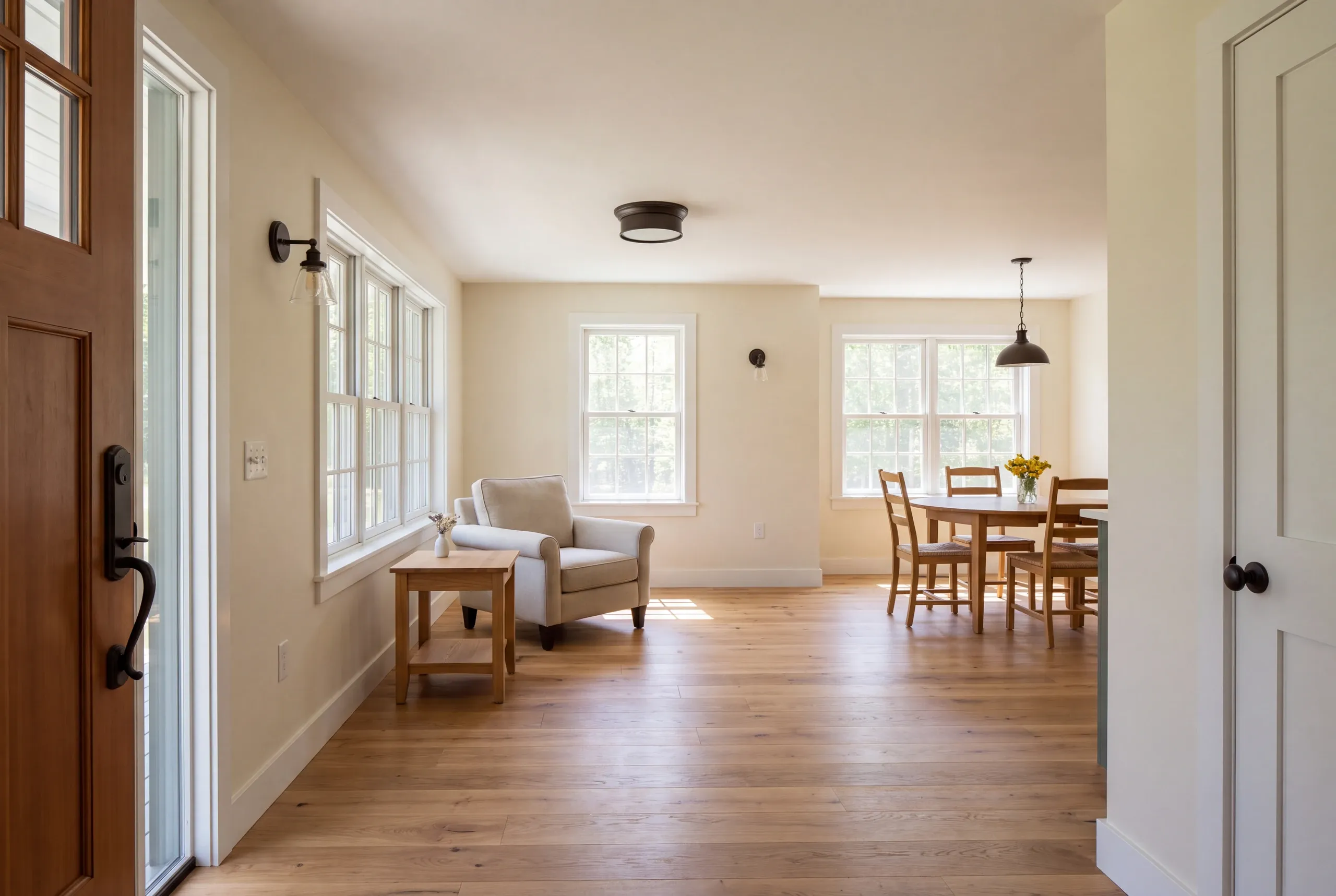 Interior view showing a connected entry area, living space with an armchair, and a dining space with a wooden table and chairs.