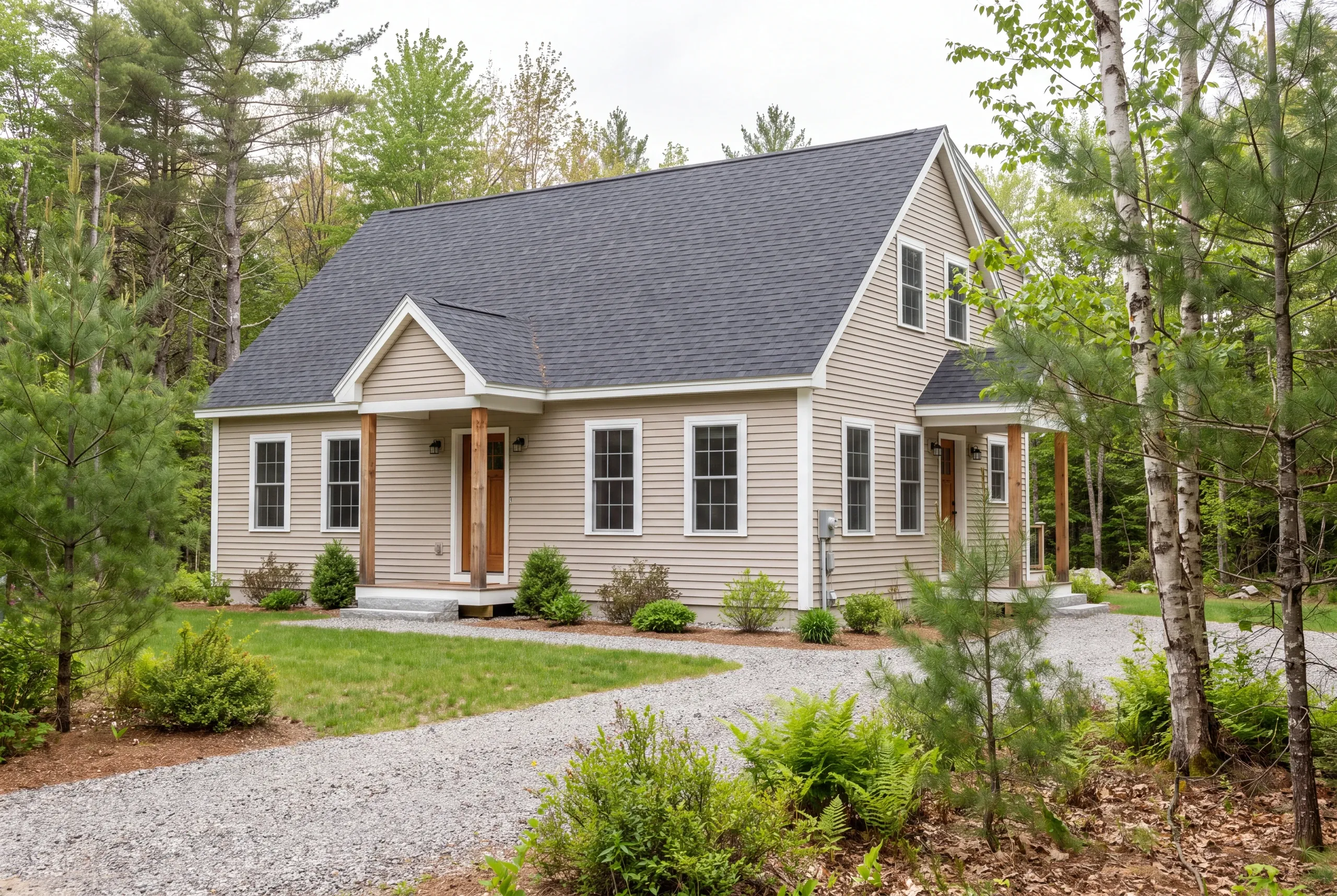 A two-story beige house with a grey shingled roof stands surrounded by trees and a gravel driveway.