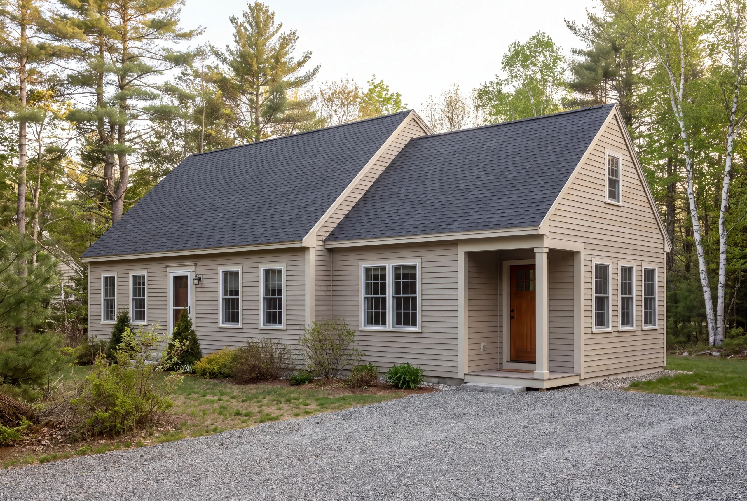 An exterior view of a beige sided house with a shingled roof and a gravel driveway surrounded by trees.
