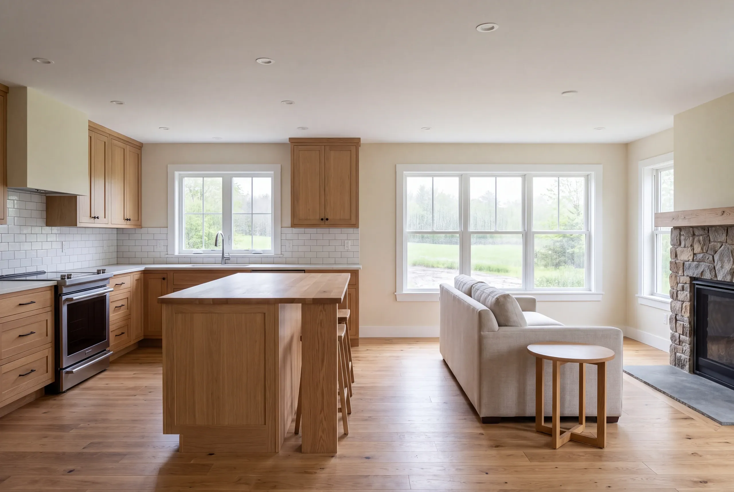 A newly remodeled kitchen with wooden cabinets and an island opens into a finished living room featuring a sofa and stone fireplace.
