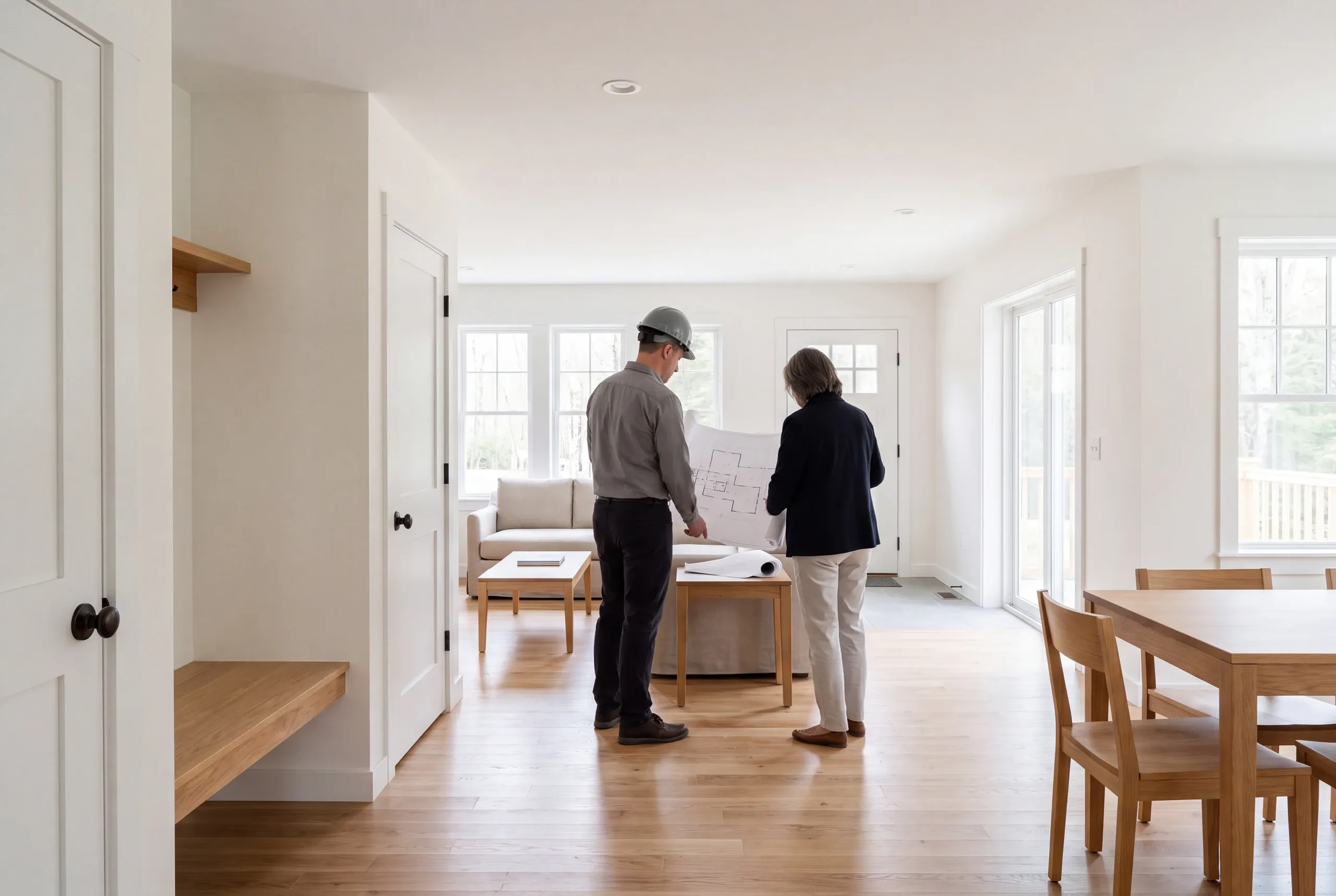 Two adults stand in an interior residential space viewing a floor plan together.