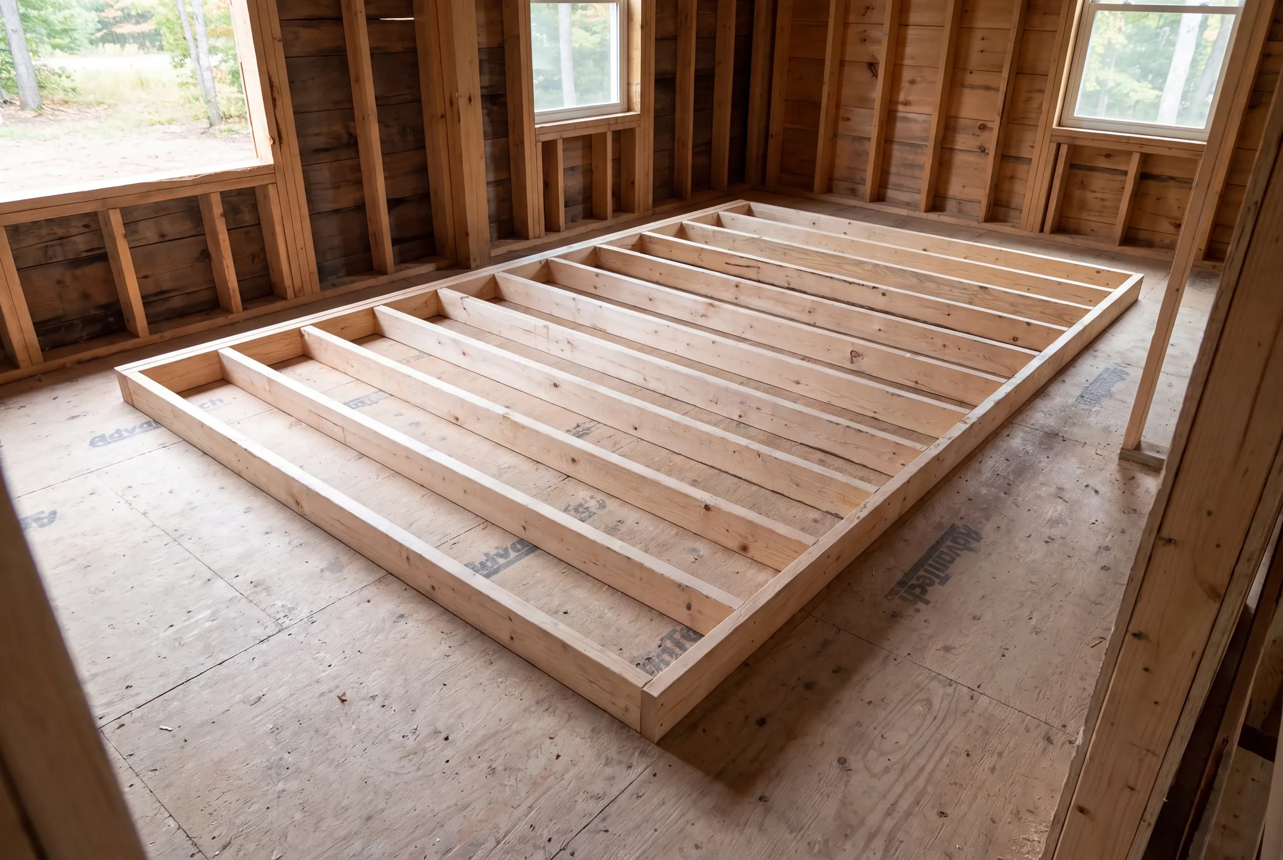 A newly constructed interior wall frame lies flat on a subfloor inside a wood-framed room with windows.