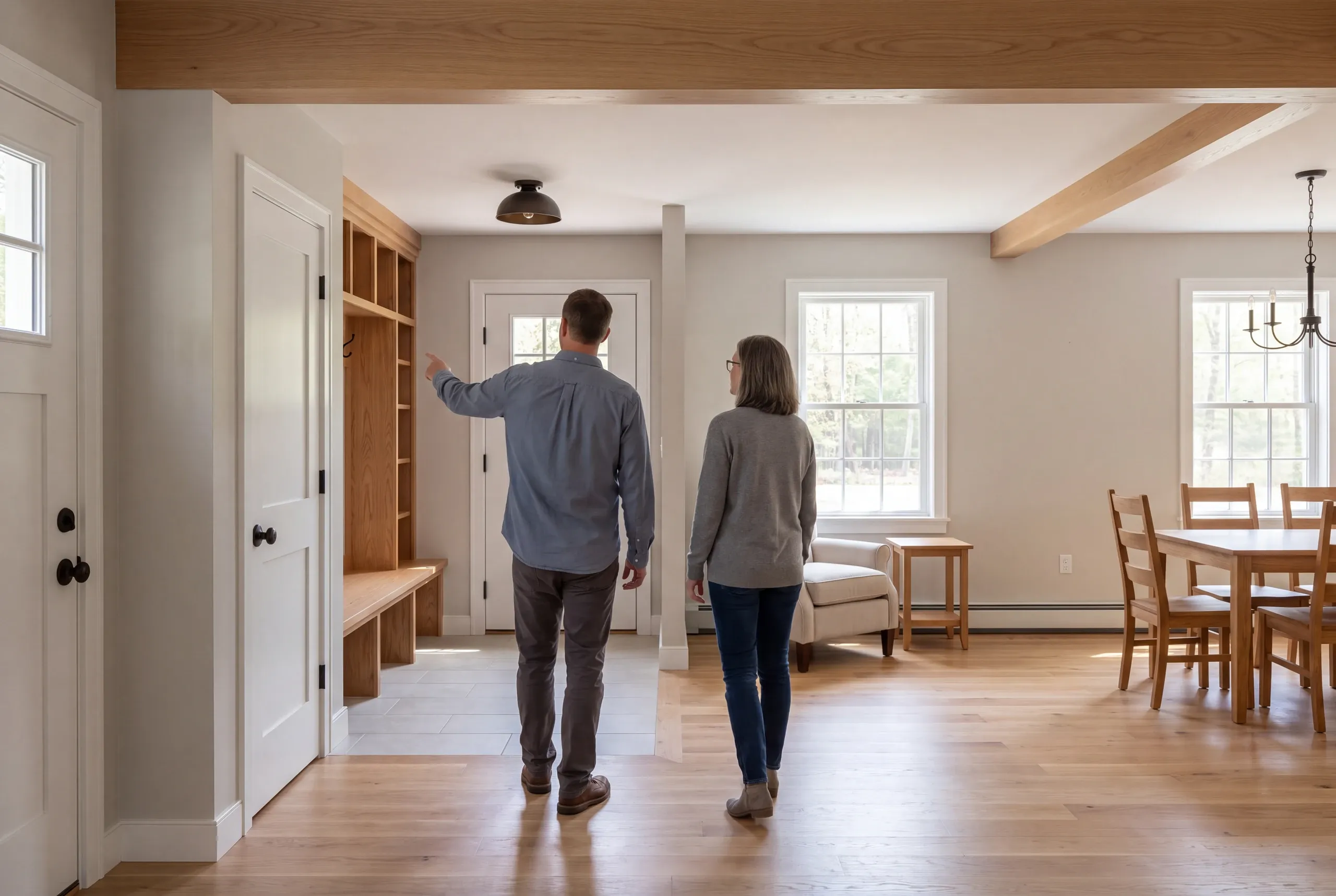 Two adults stand in a finished open-concept home interior with wood floors and exposed beams, looking toward a built-in entryway bench.