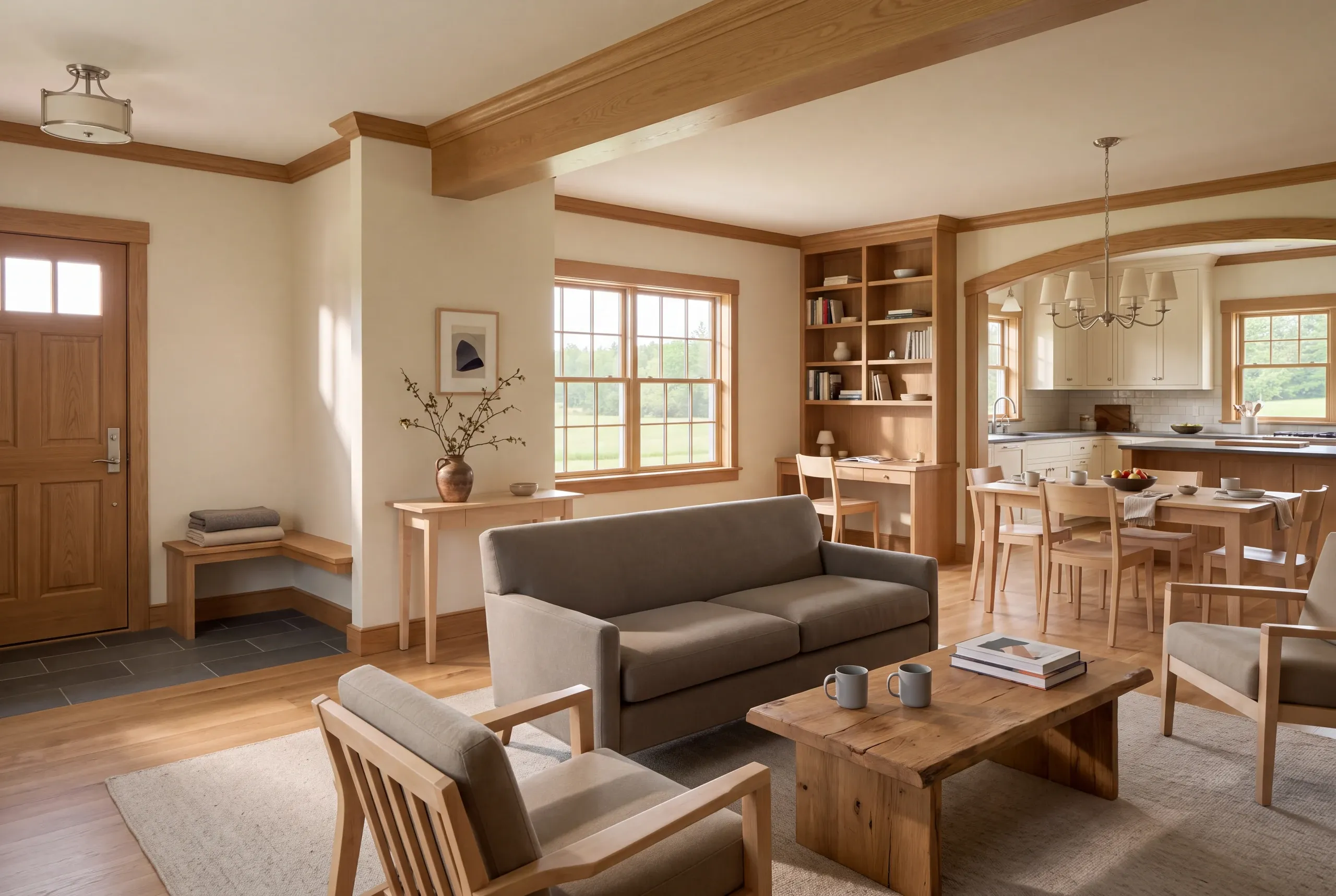 Interior view showing a connected living room, entryway, dining area, and kitchen with wood trim and furnishings.