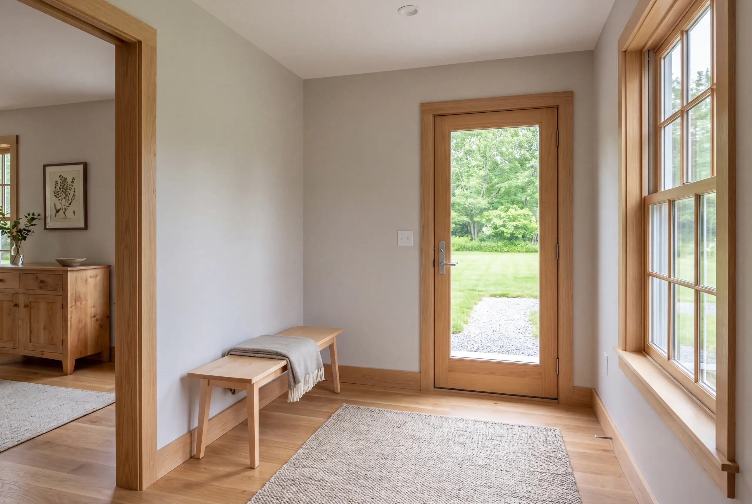 A finished entryway with light wood trim, a wooden bench, a rug, a multi-pane glass door looking outside, and a doorway connecting to another room.