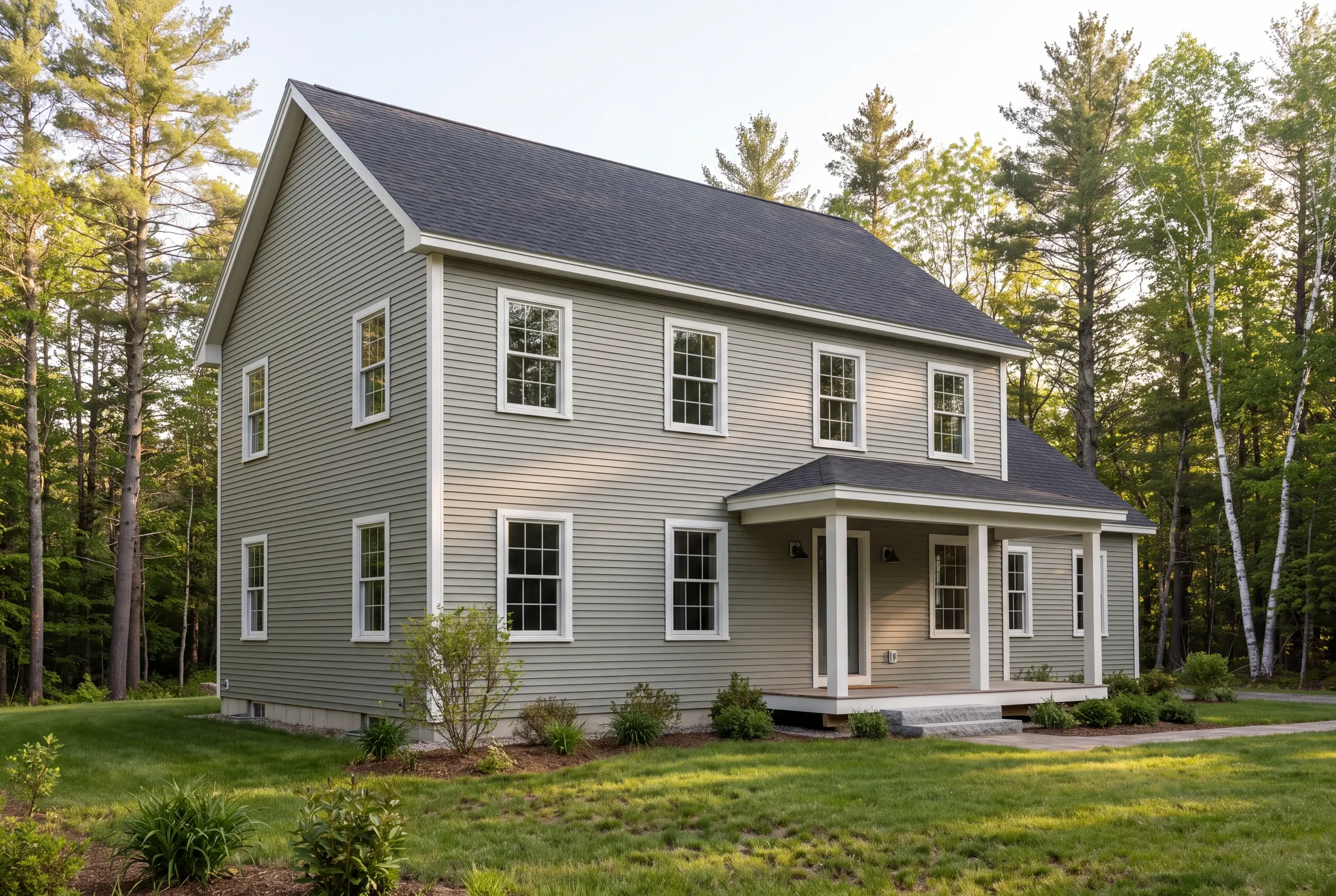 A newly completed two-story custom home with gray siding, white trim, a dark shingled roof, and a front porch surrounded by trees and a green lawn.