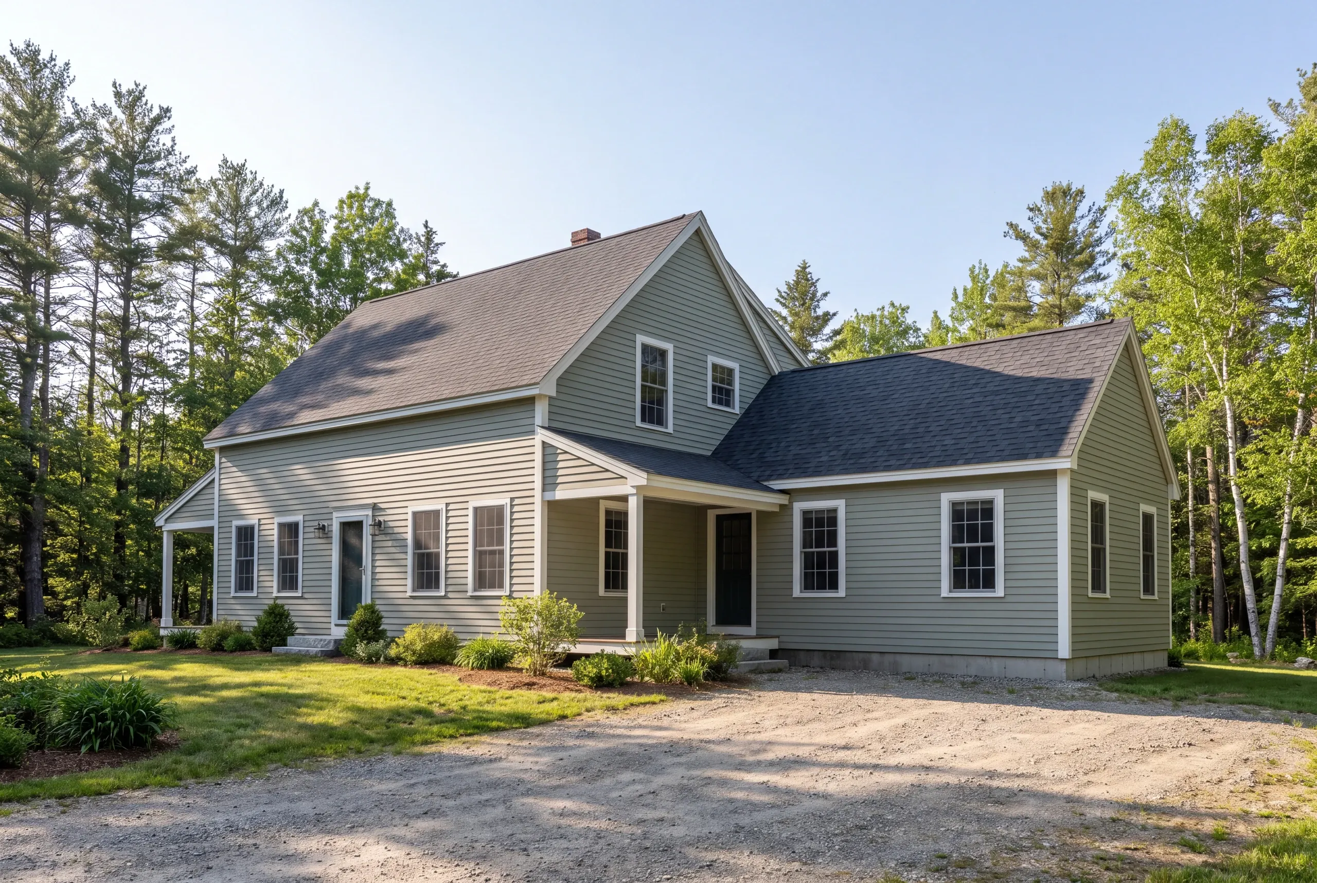 A two-story green sided house with an attached single-story addition, dark roof shingles, and surrounding trees under a clear sky.