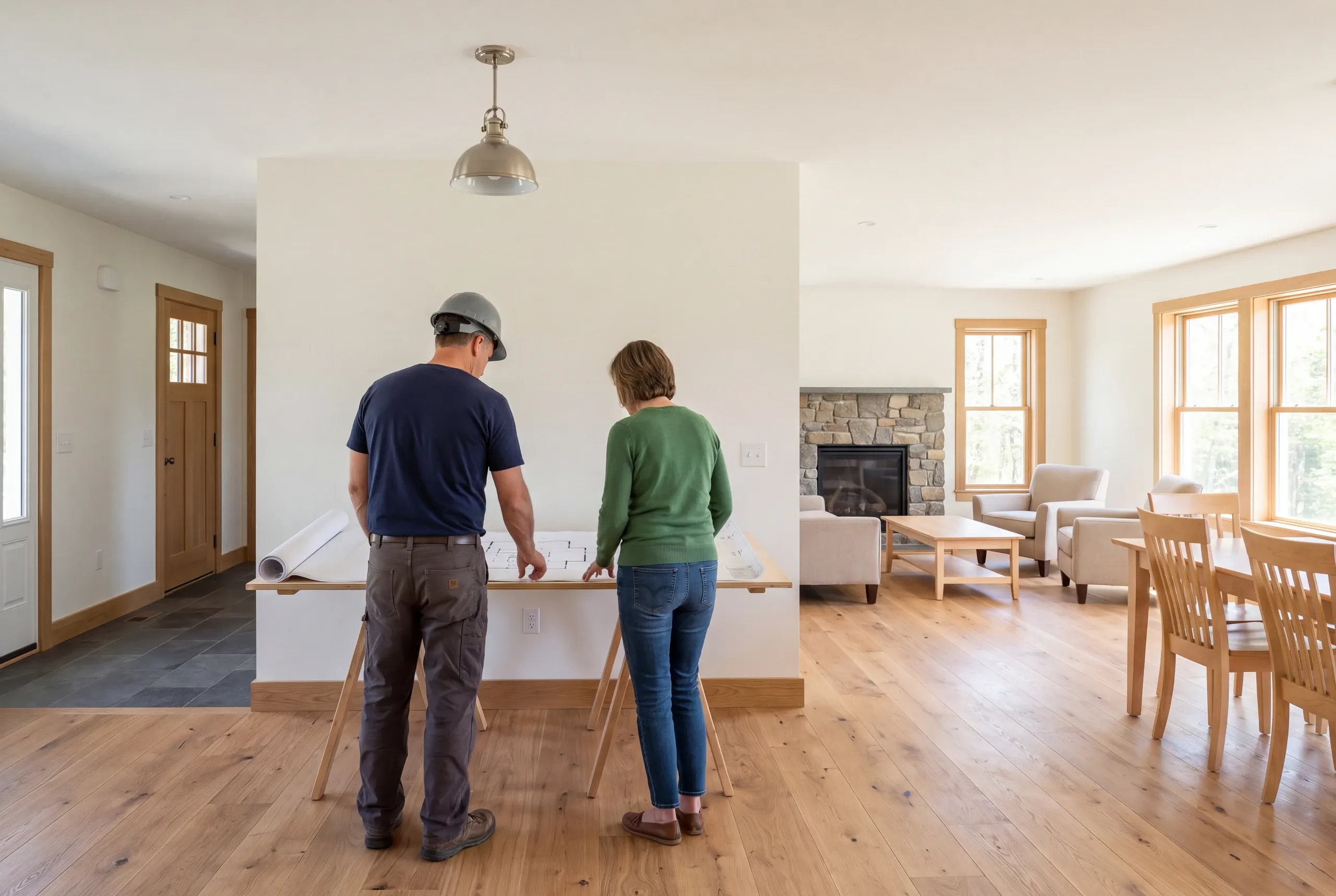 Two adults stand seen from behind at a table reviewing blueprints in a bright open-concept interior.