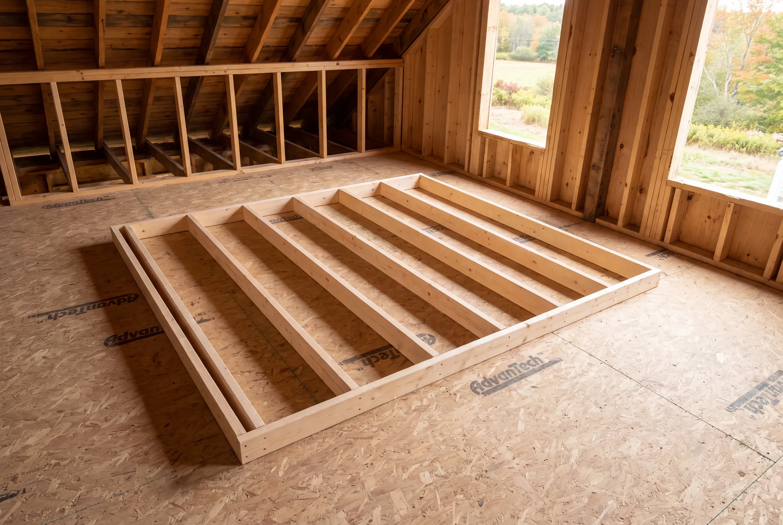 A wooden interior partition frame lies flat on a subfloor inside an unfinished framed building.