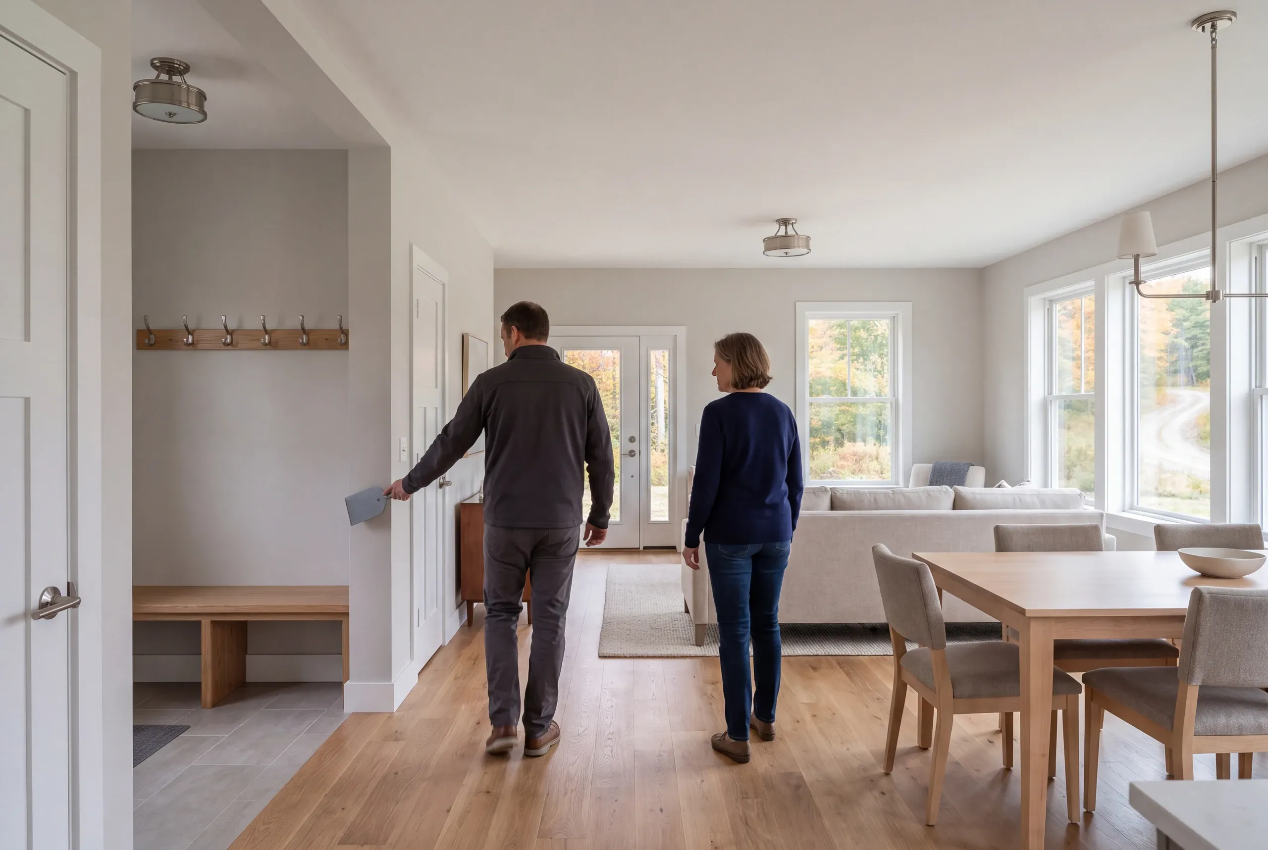 Two adults are seen from behind walking through a finished interior space with an entry area, living room, and dining table.
