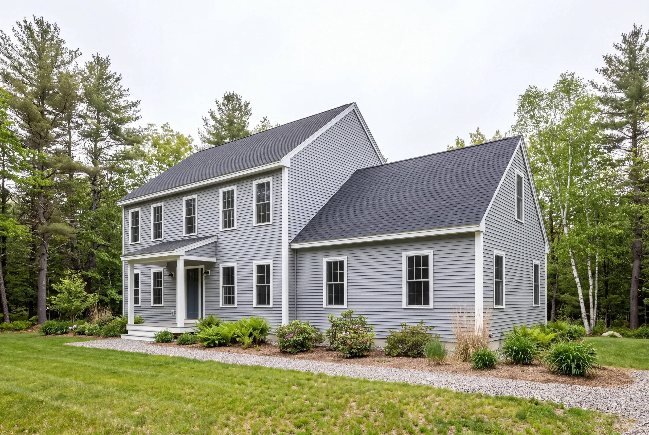 A two-story grey-sided custom home with a dark shingle roof stands surrounded by trees and a gravel walkway.