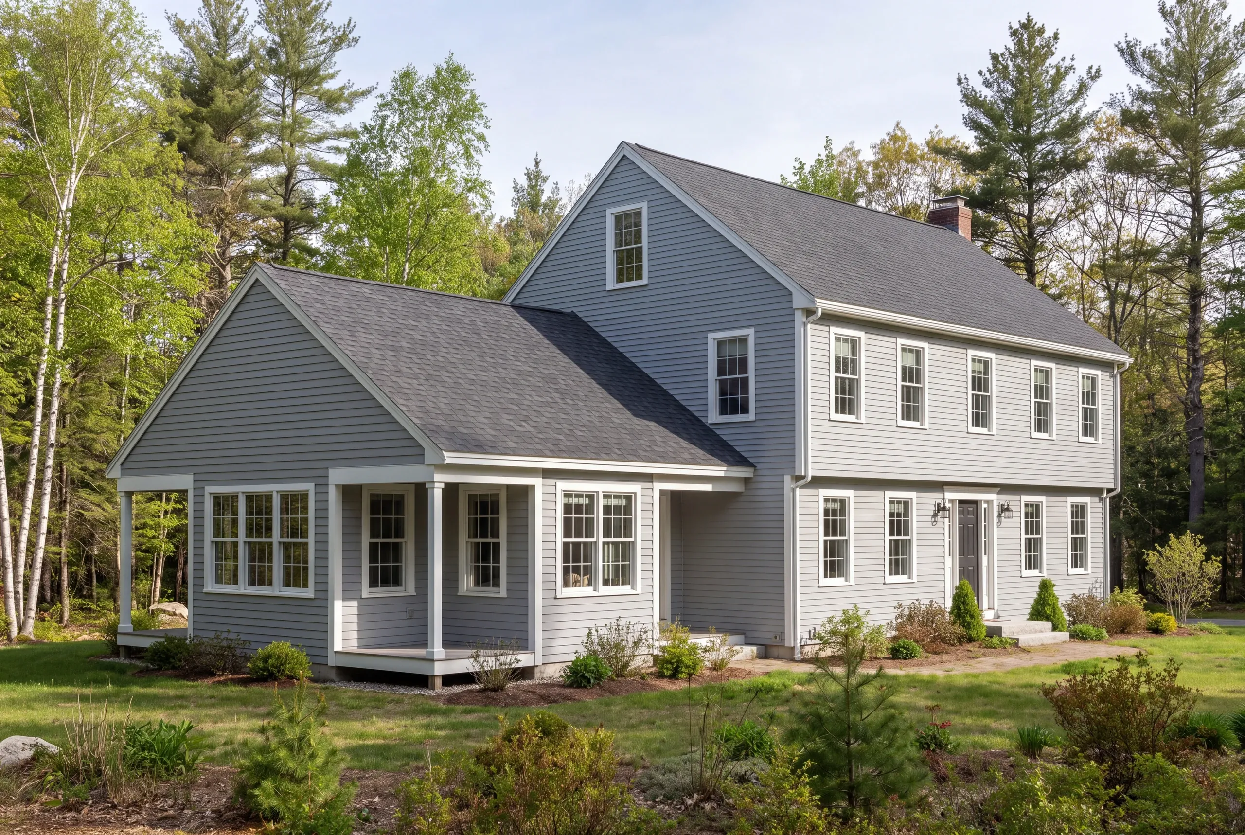 A two-story grey clapboard house with a matching single-story addition featuring a covered porch and large windows, surrounded by green trees and a lawn.
