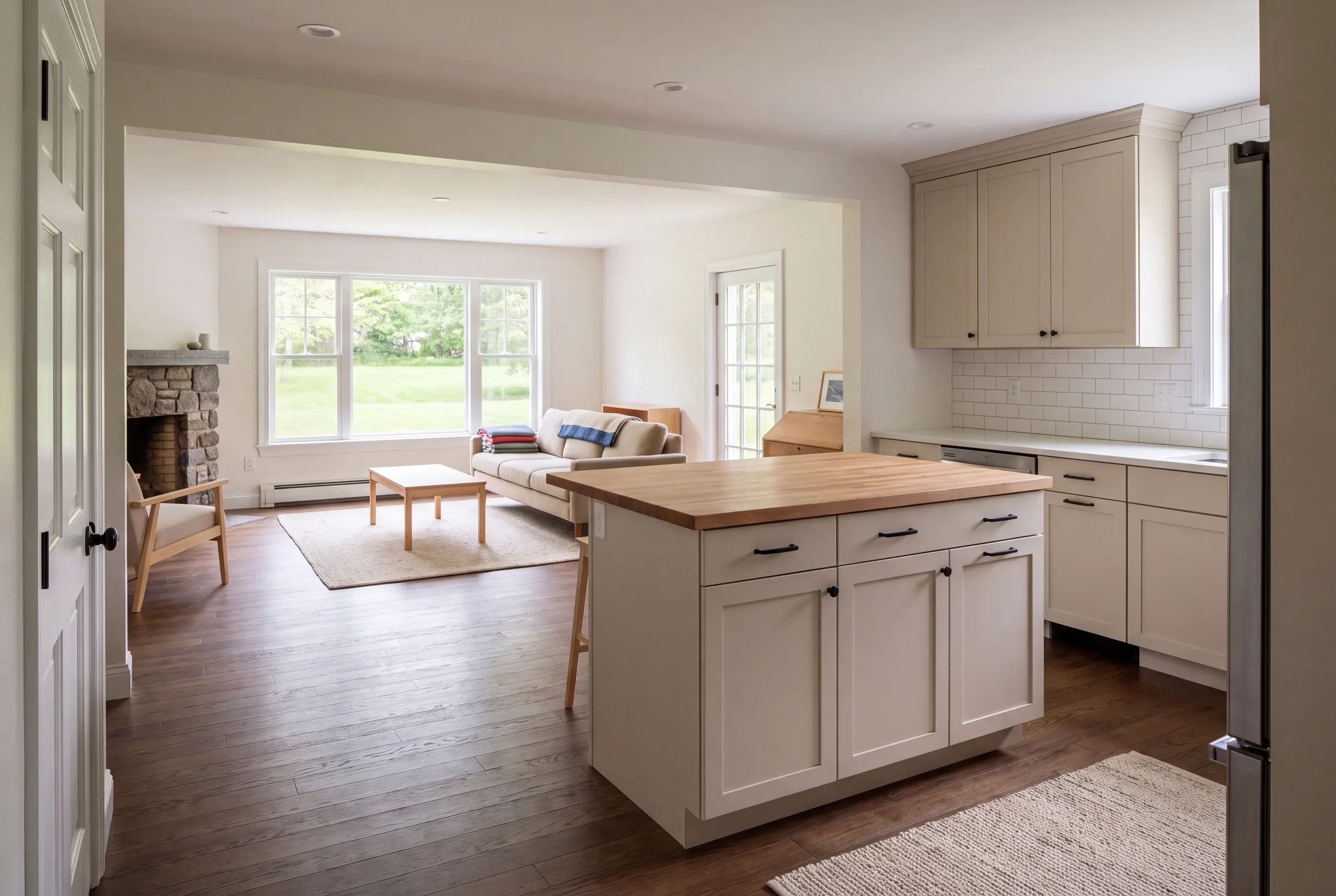 A newly remodeled kitchen with a wooden island opens directly into a finished living room featuring a stone fireplace and sofa.