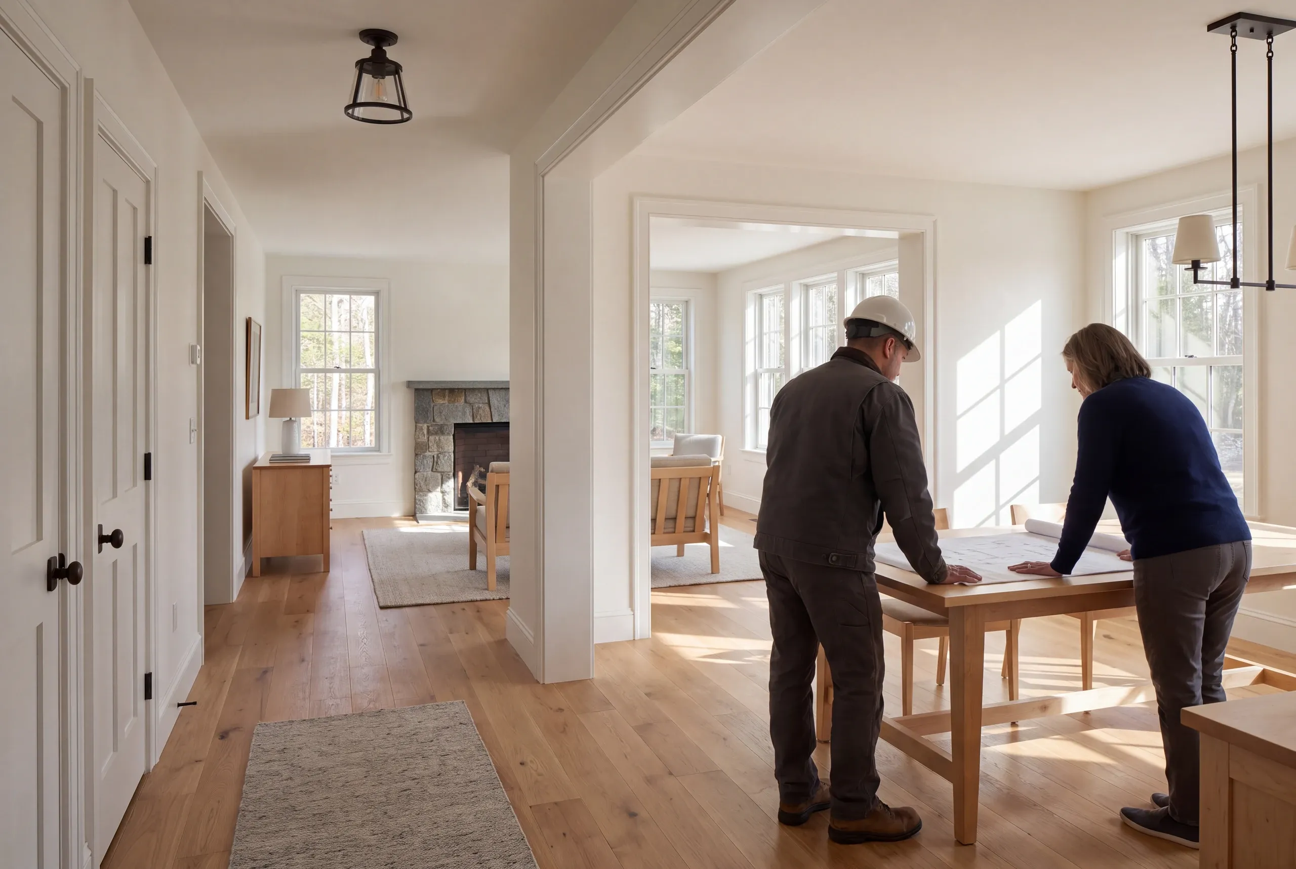 Two adults stand at a wooden table inside a brightly lit home, reviewing a large architectural drawing together.