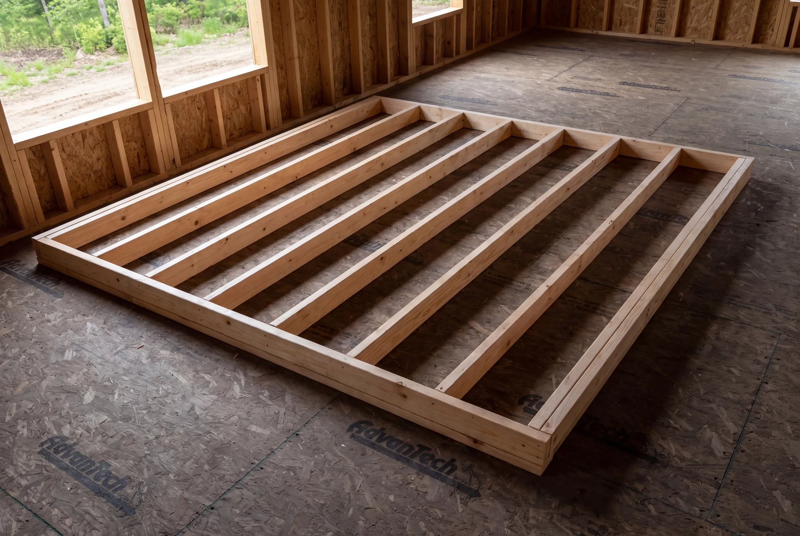 A newly constructed wooden interior wall frame lies flat on a subfloor inside an unfinished building.
