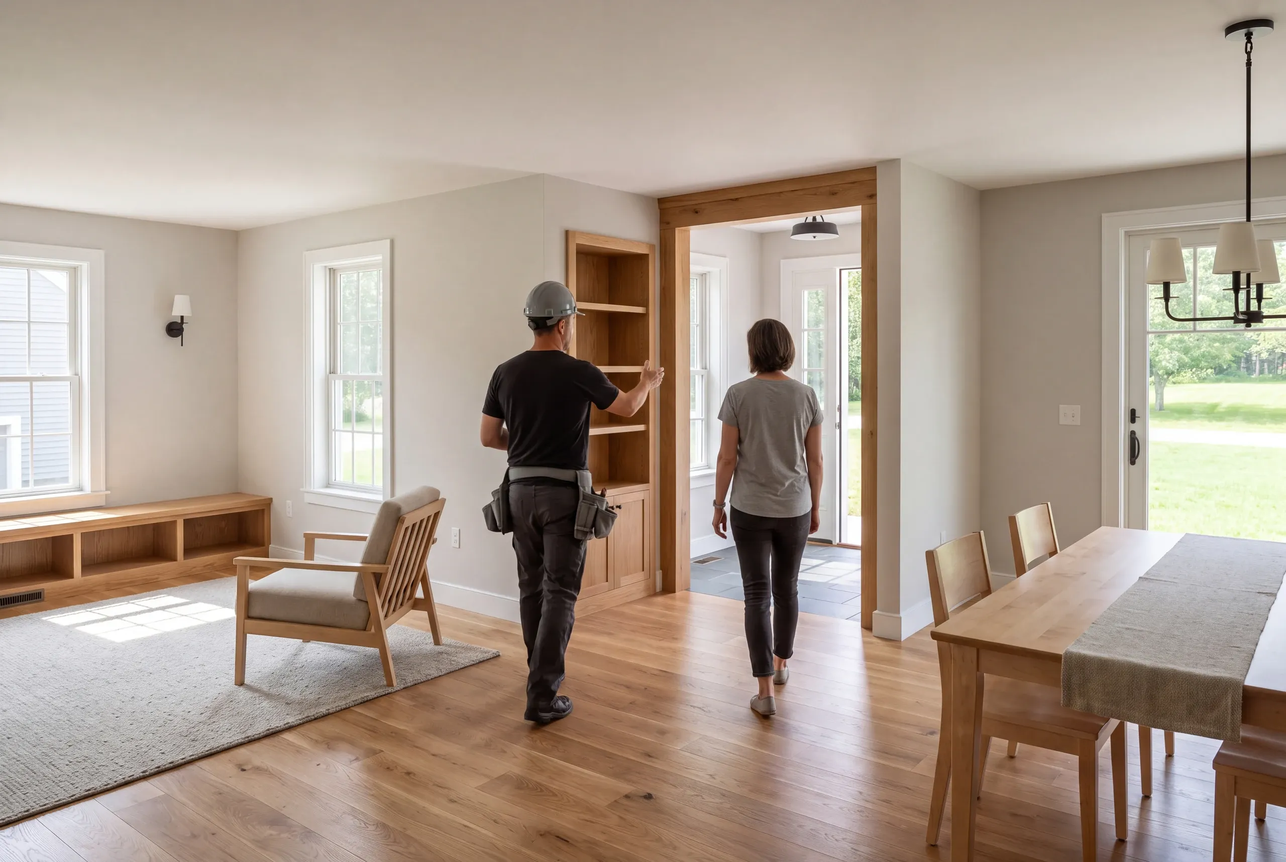 A person wearing a hard hat and tool belt stands beside another person, both viewed from behind inside a finished home with a dining area and living room.