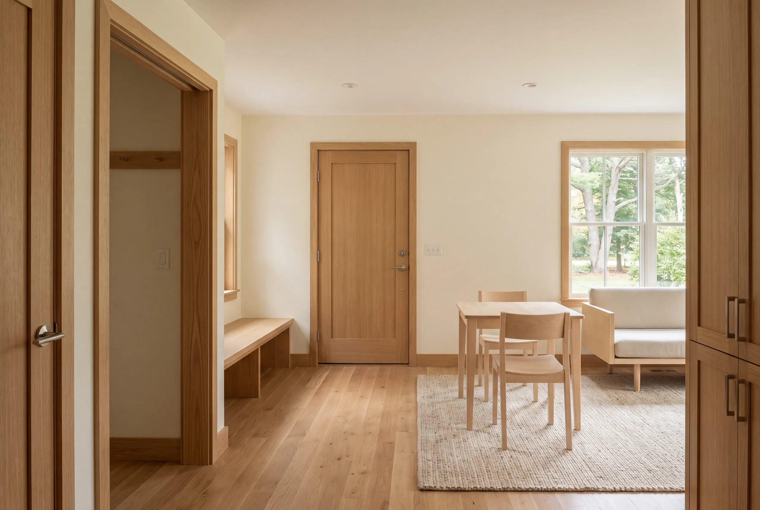 Interior view showing a connected entryway with wood flooring, a built-in bench, a wooden door, and an adjacent living and dining space with light wood furniture.