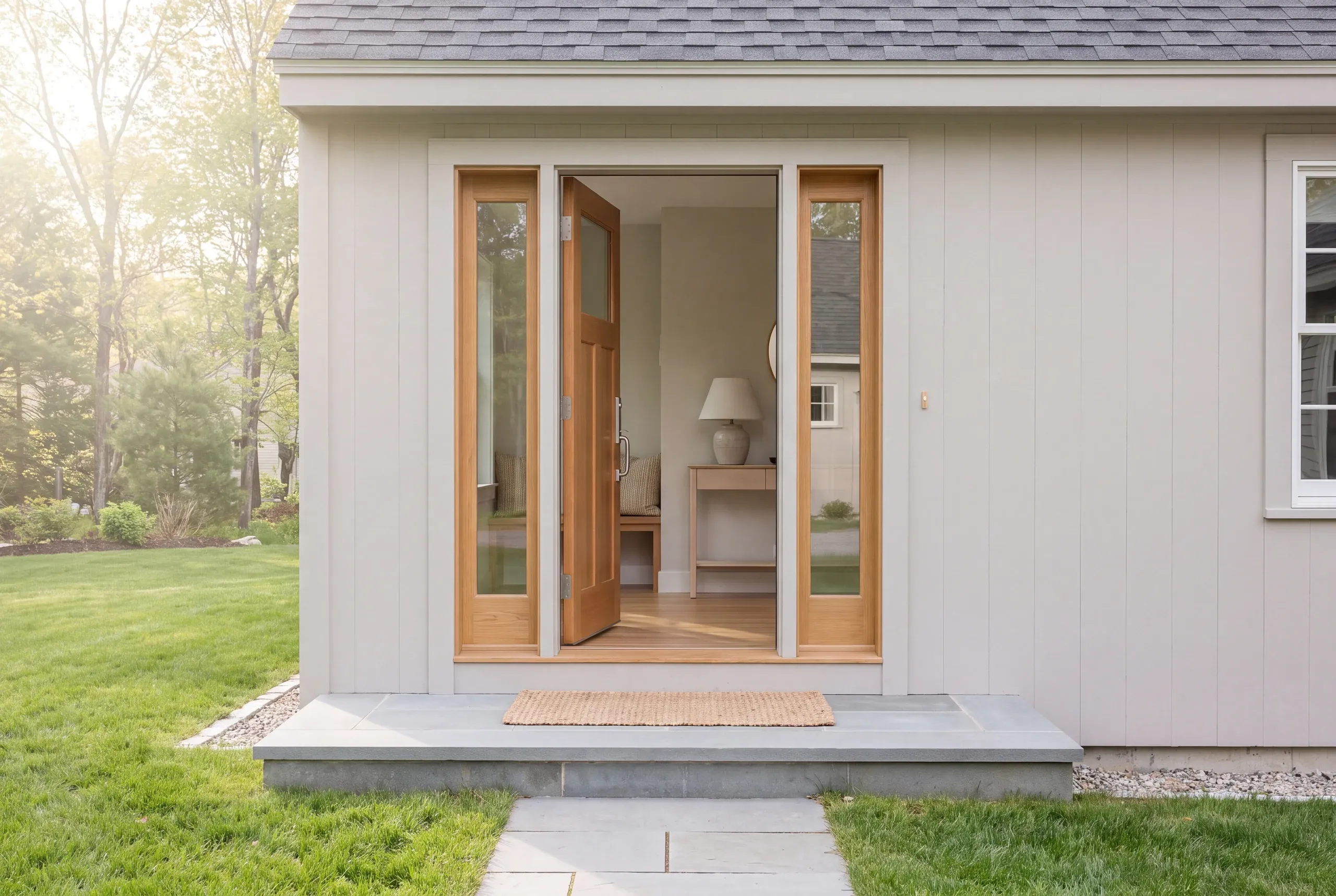 Exterior view of a home entrance with a wooden front door ajar, showing an interior hallway and table with a lamp.
