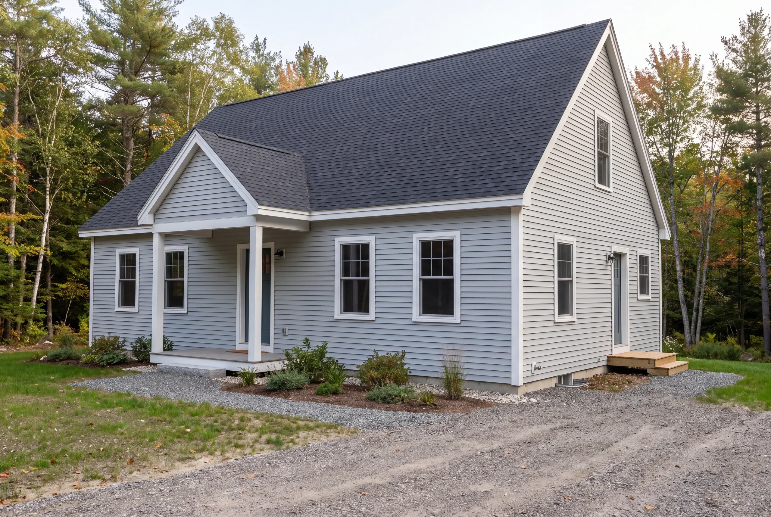 A newly completed light gray custom home with a dark shingle roof, front porch, and gravel driveway set against a wooded backdrop.