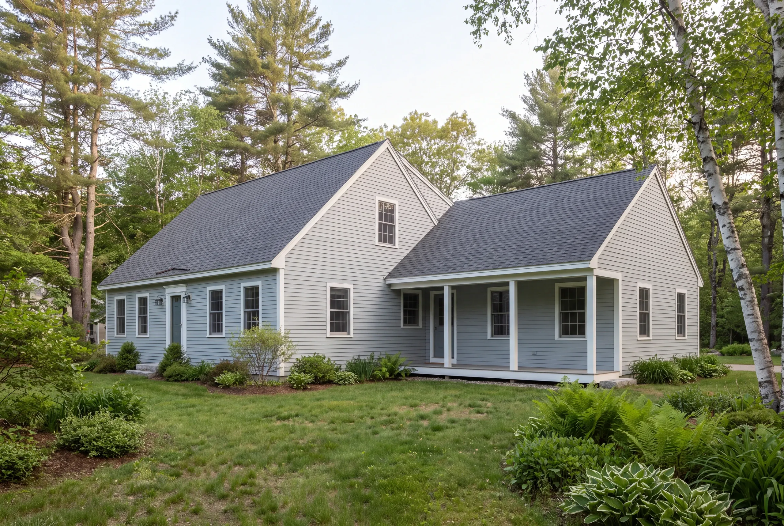 Exterior view of a gray-sided house with a matching addition and a covered porch, surrounded by trees and a green lawn.