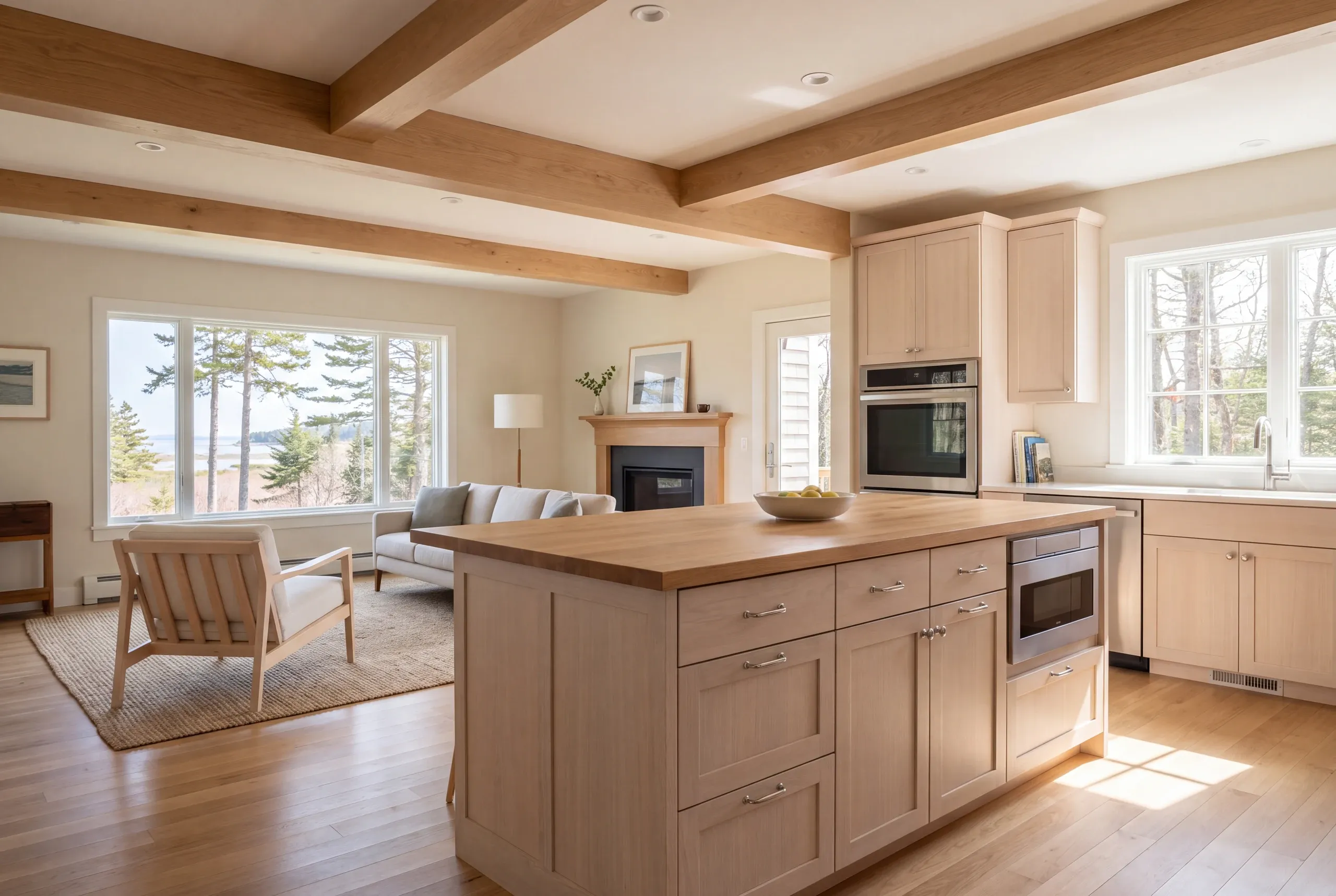 A newly remodeled kitchen with a wooden island opens directly into a finished living room with wooden ceiling beams and a fireplace.