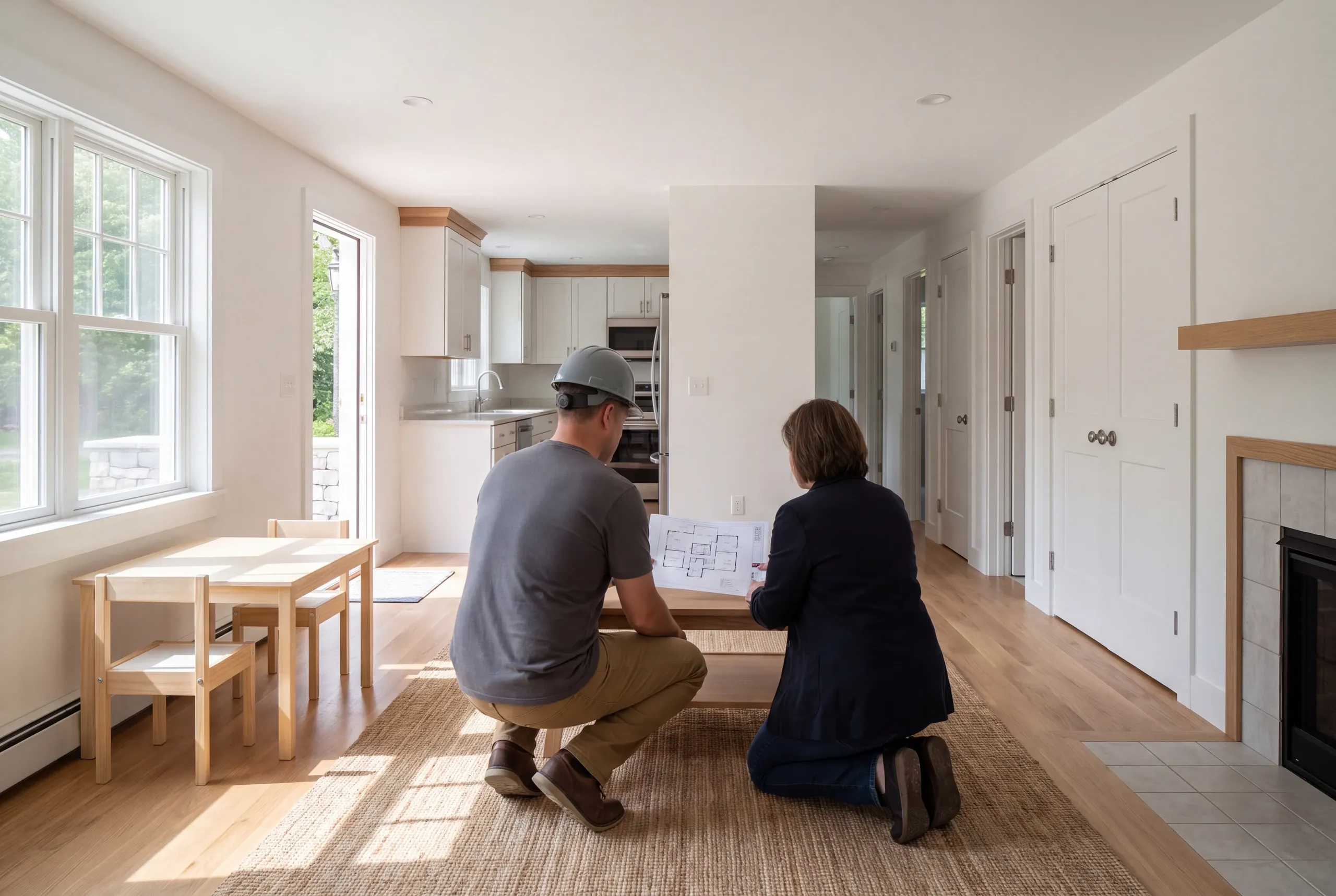 Two adults kneel on a rug in an interior room, viewing a printed floor plan together.