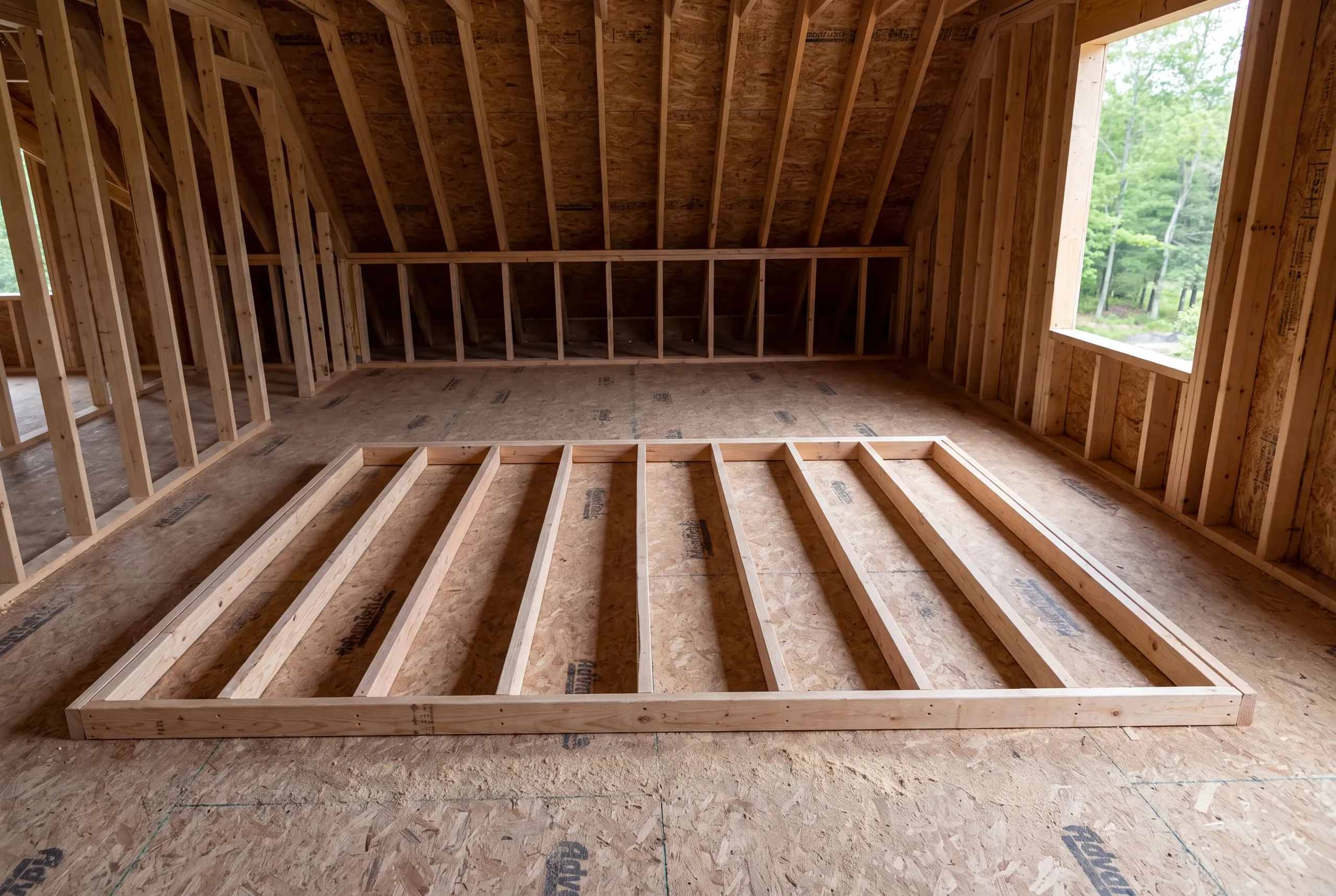A wooden interior wall frame lies flat on a subfloor inside a framed unfinished attic space with exposed rafters and studs.