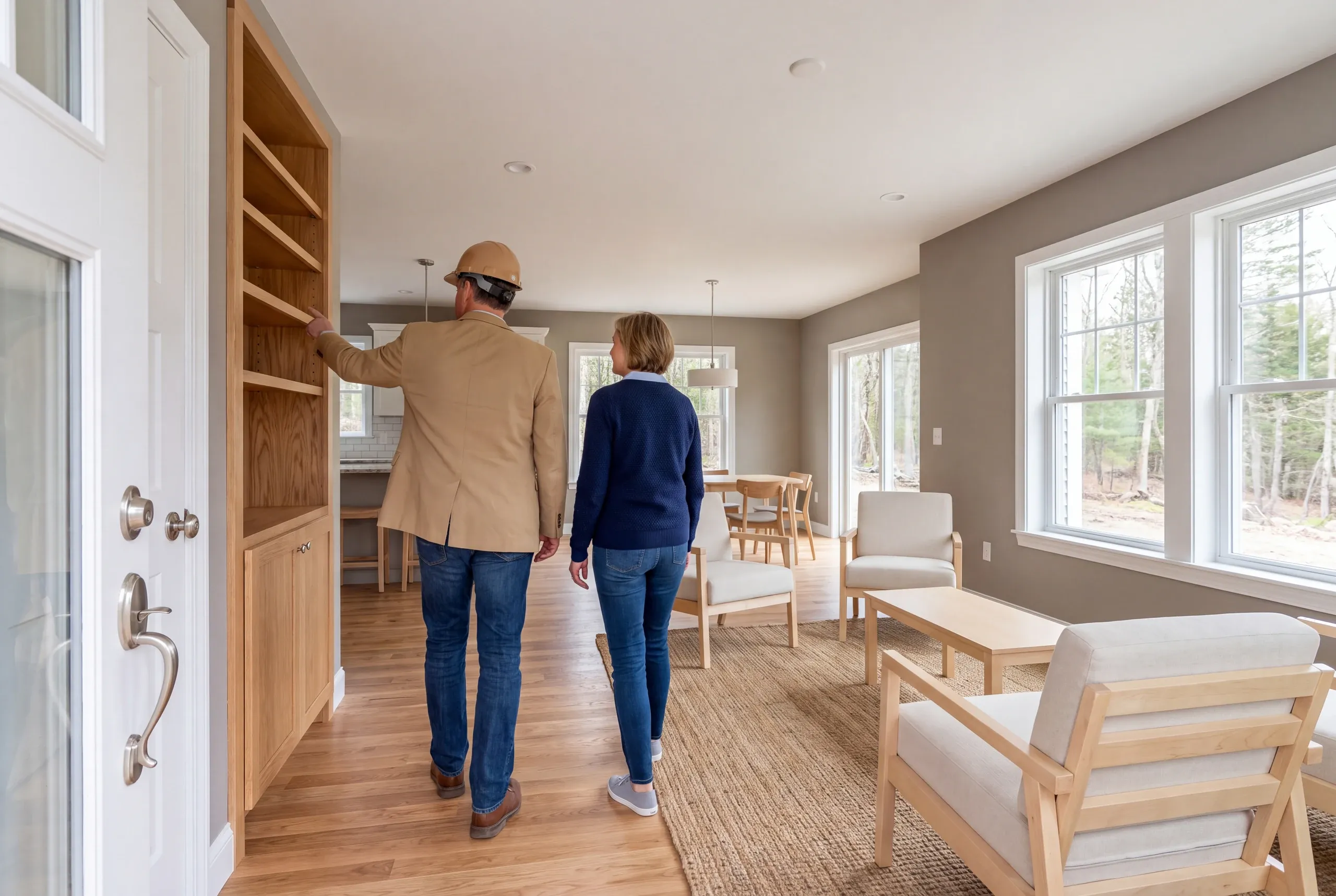Two adults seen from behind walking through a finished living area with a builder pointing at a built-in bookshelf.
