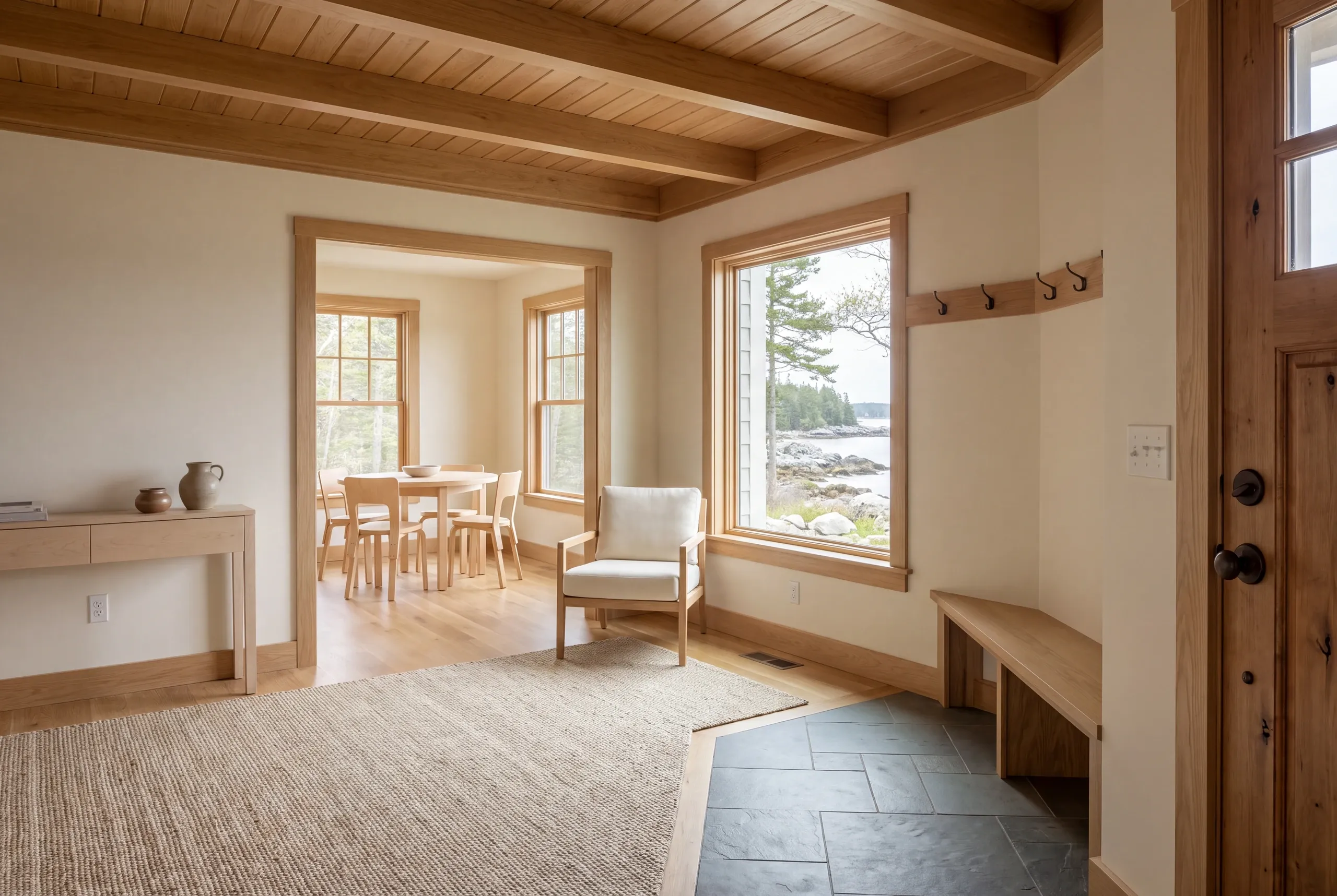 An interior shot showing a connected entryway, living room, and dining space with wooden beam ceilings and a scenic window view.