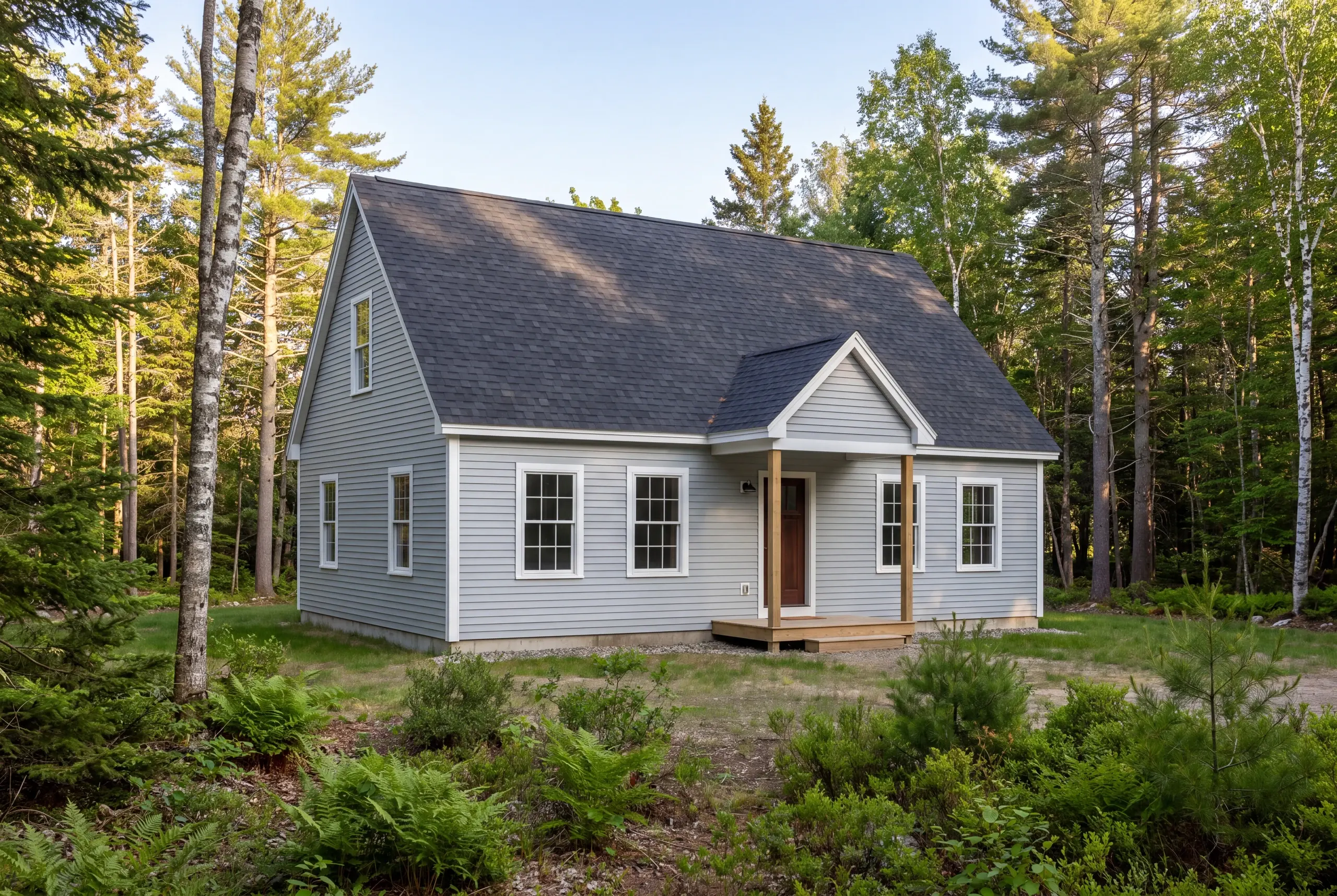 General contractor in Harpswell, ME: a two-story grey-sided house with a shingled roof stands amidst tall trees and greenery.