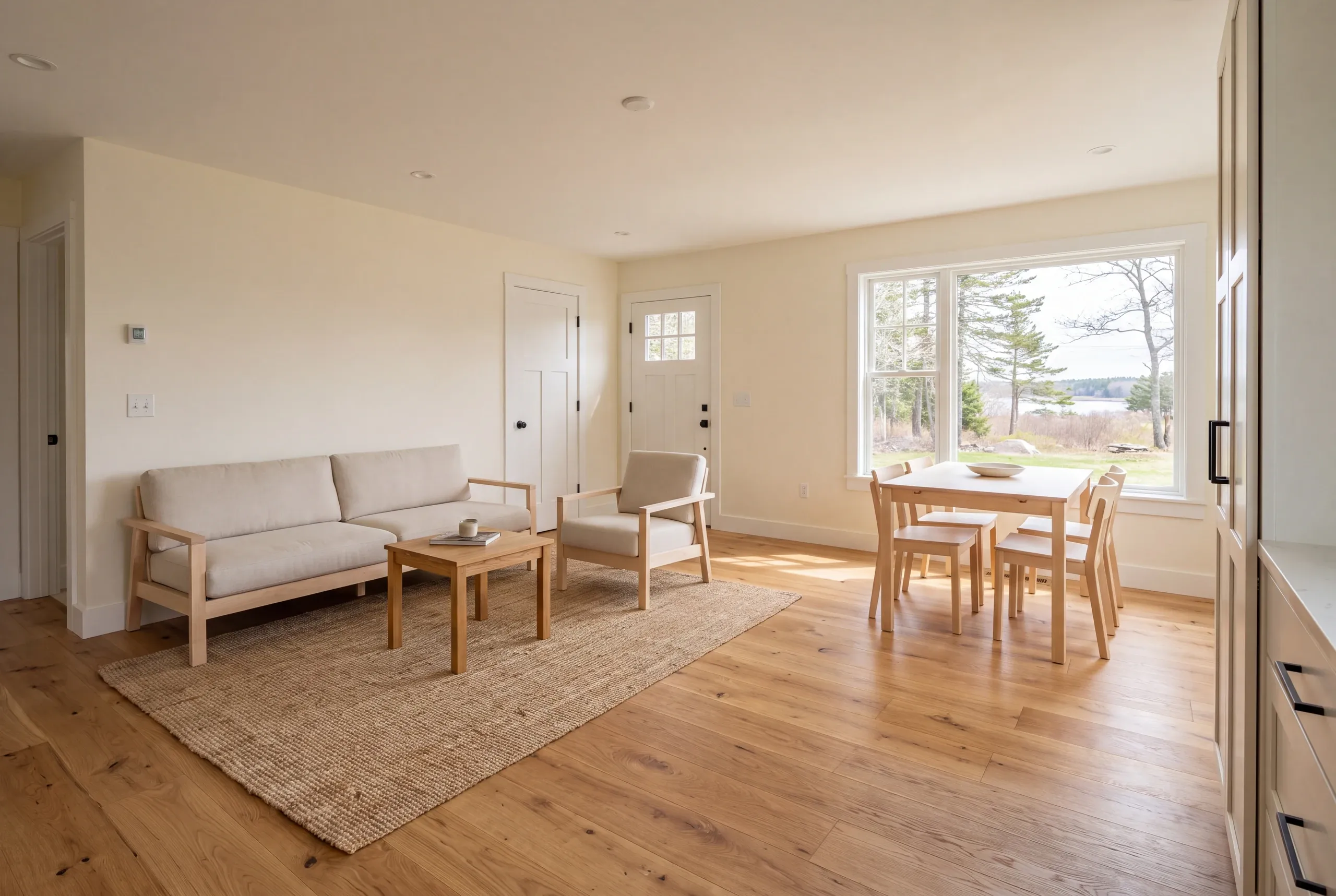 A finished living and dining room with a sofa, armchair, coffee table, and dining set on a wooden floor.