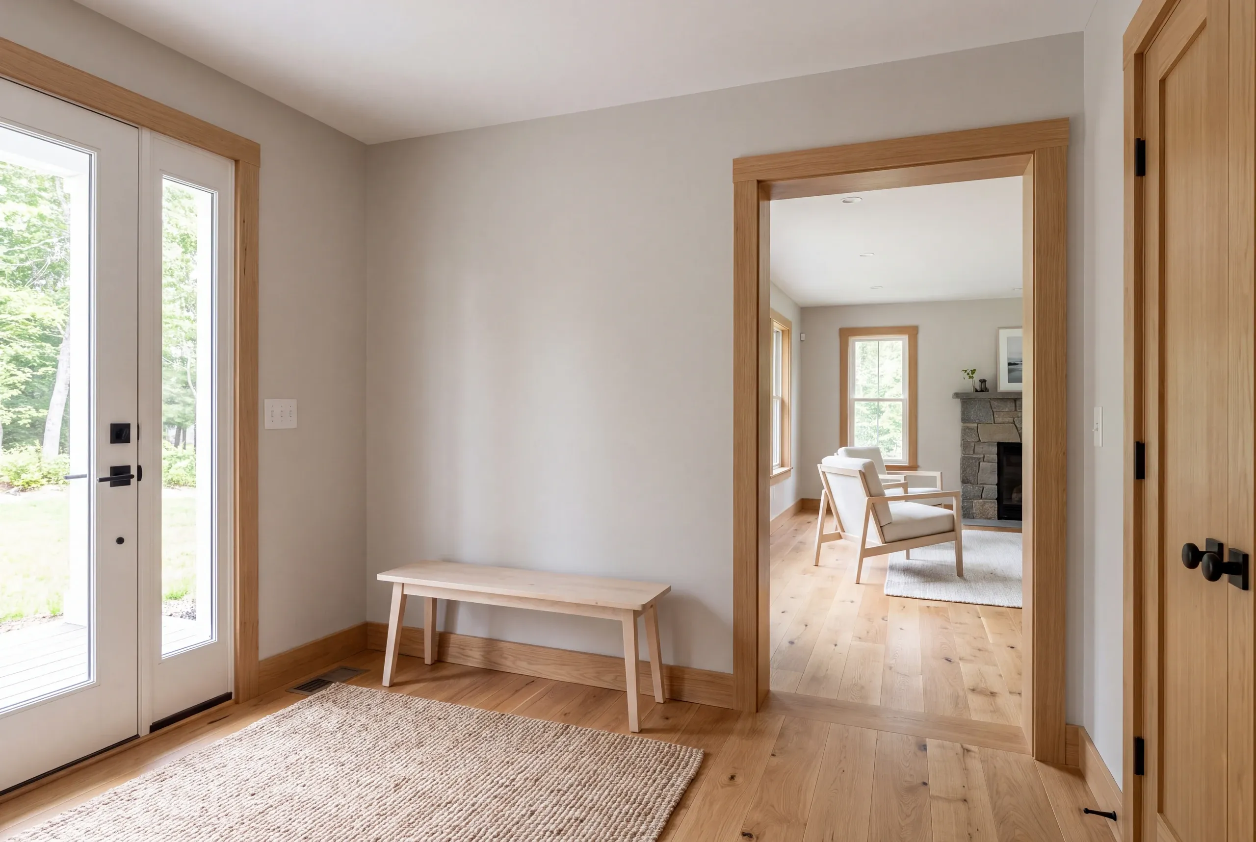 A finished entryway with a wooden bench, a jute rug, and a wide doorway connecting to a living area with a stone fireplace.