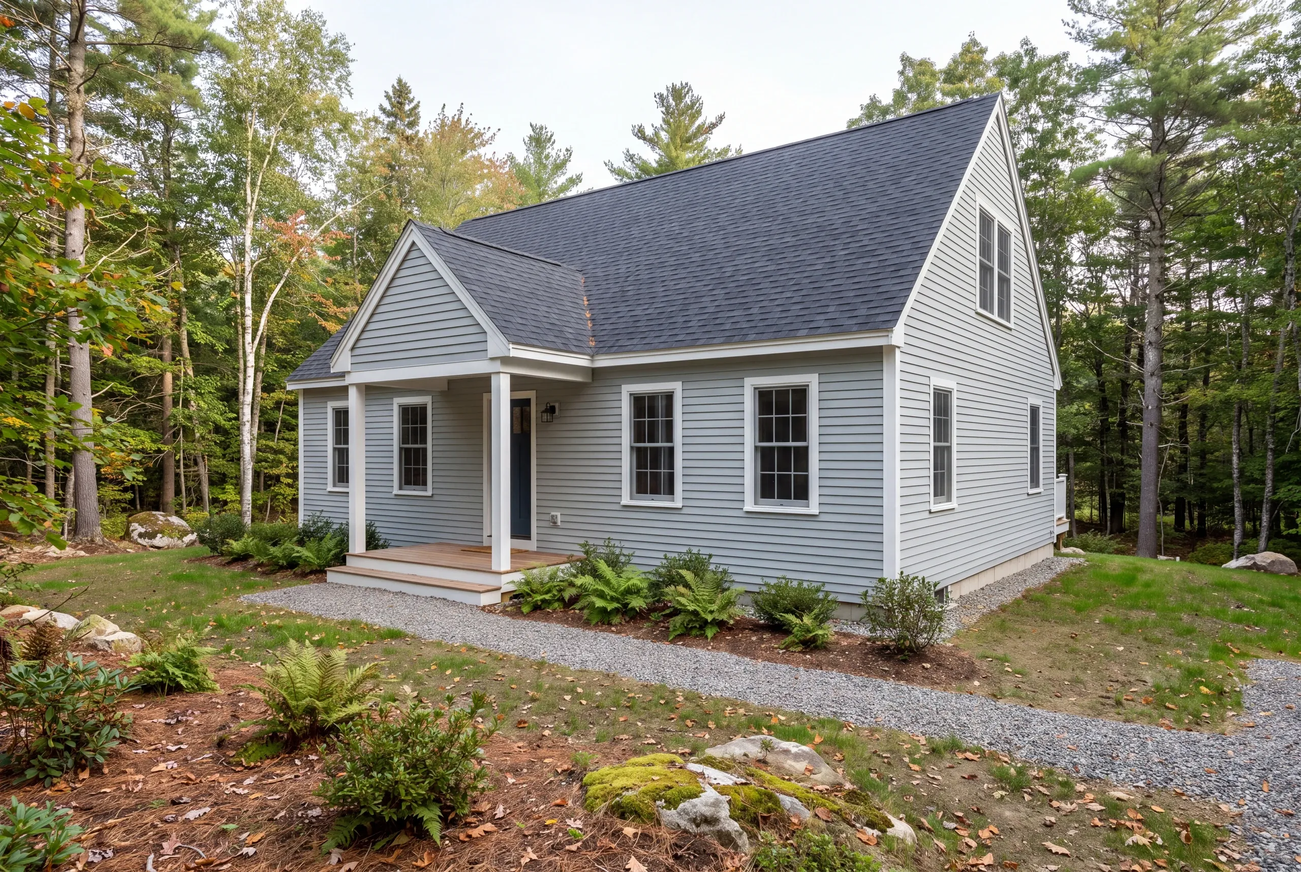 A gray two-story house with white trim and a dark shingle roof stands surrounded by trees and greenery.